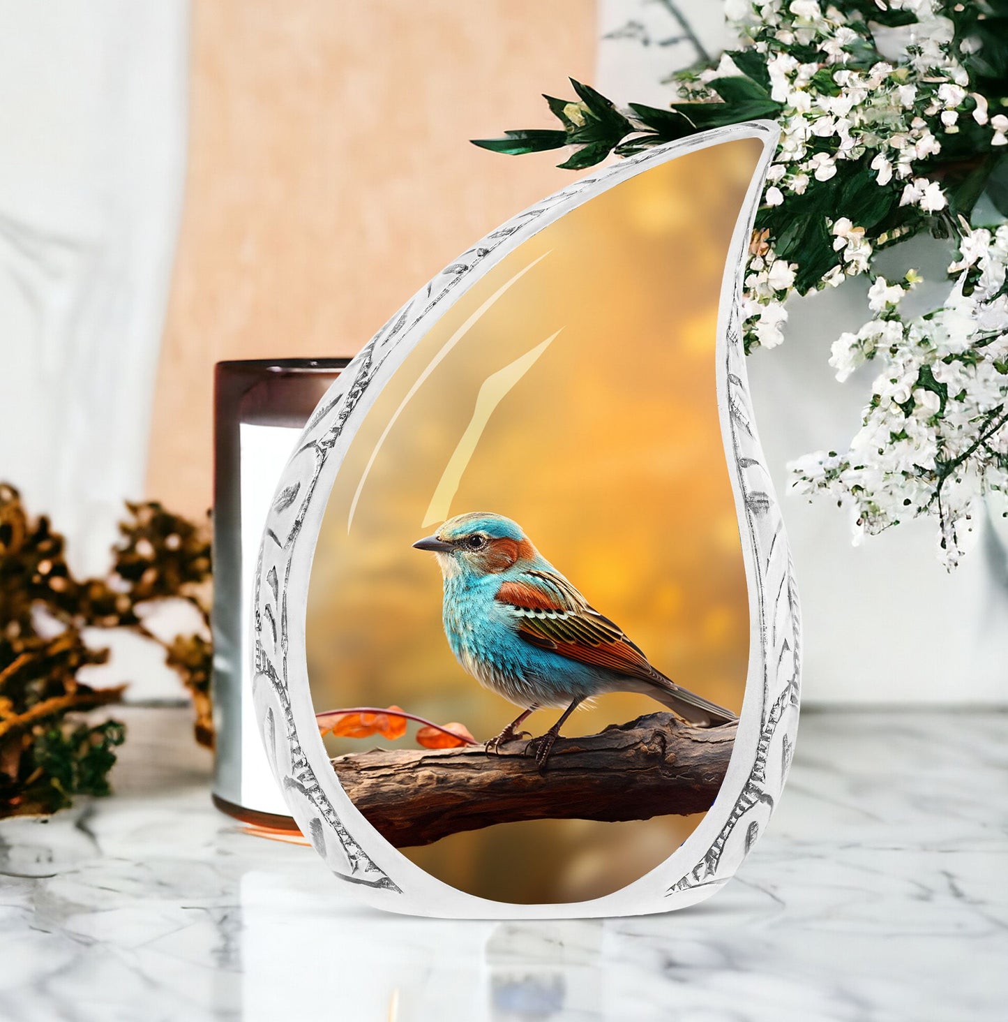 Large, colorful Sparrow themed urn for adults, a unique metal cremation urn designed for women to securely hold human ashes.
