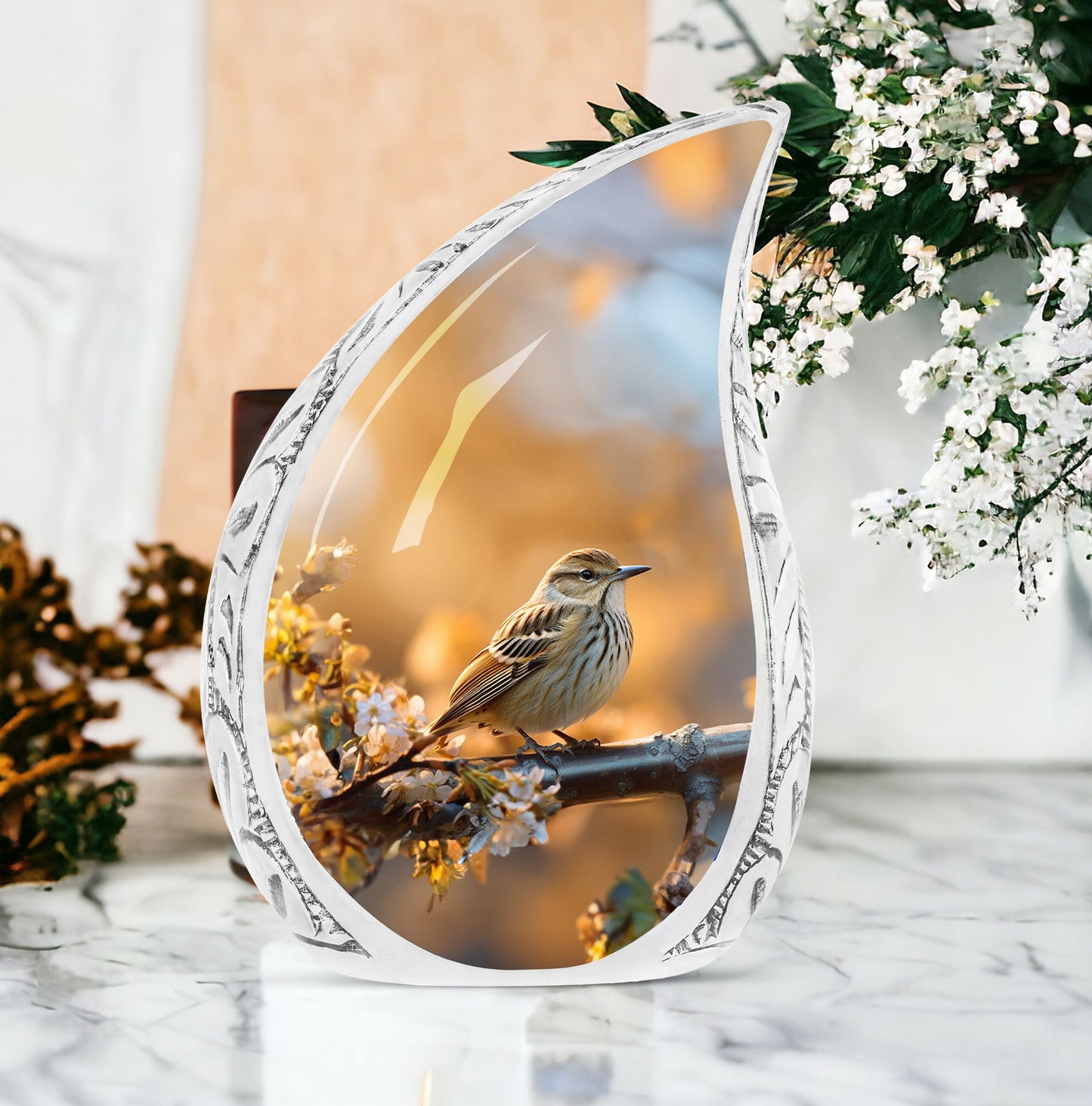 Beautiful Sparrow design on large urn for ashes, perfect cremation container for adults
