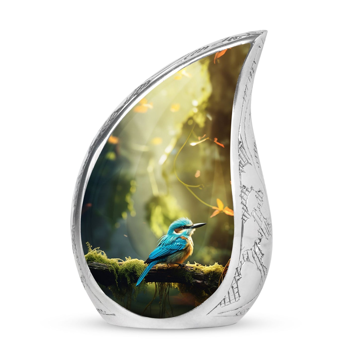 Large blue sparrow urn amidst green forest, designed for human ashes, suitable for funeral and cremation needs