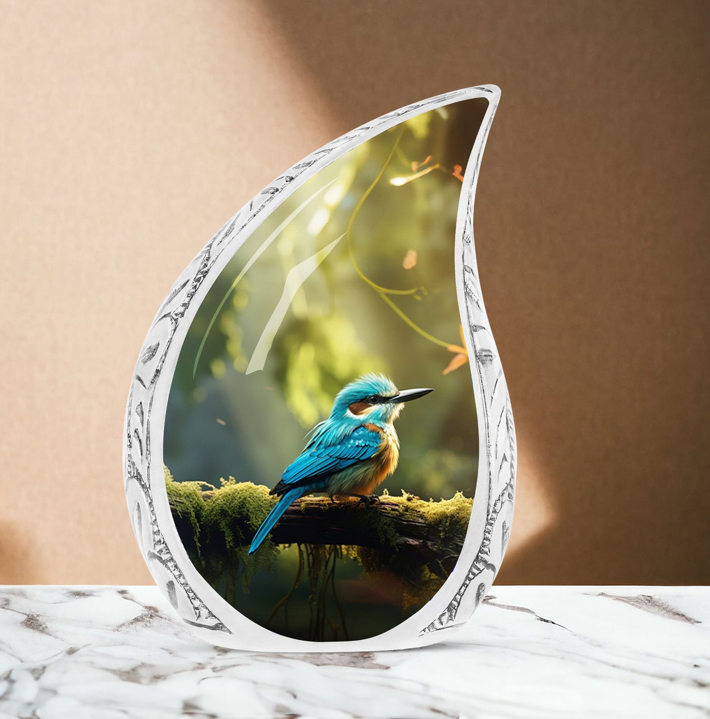 Large blue sparrow urn amidst green forest, designed for human ashes, suitable for funeral and cremation needs