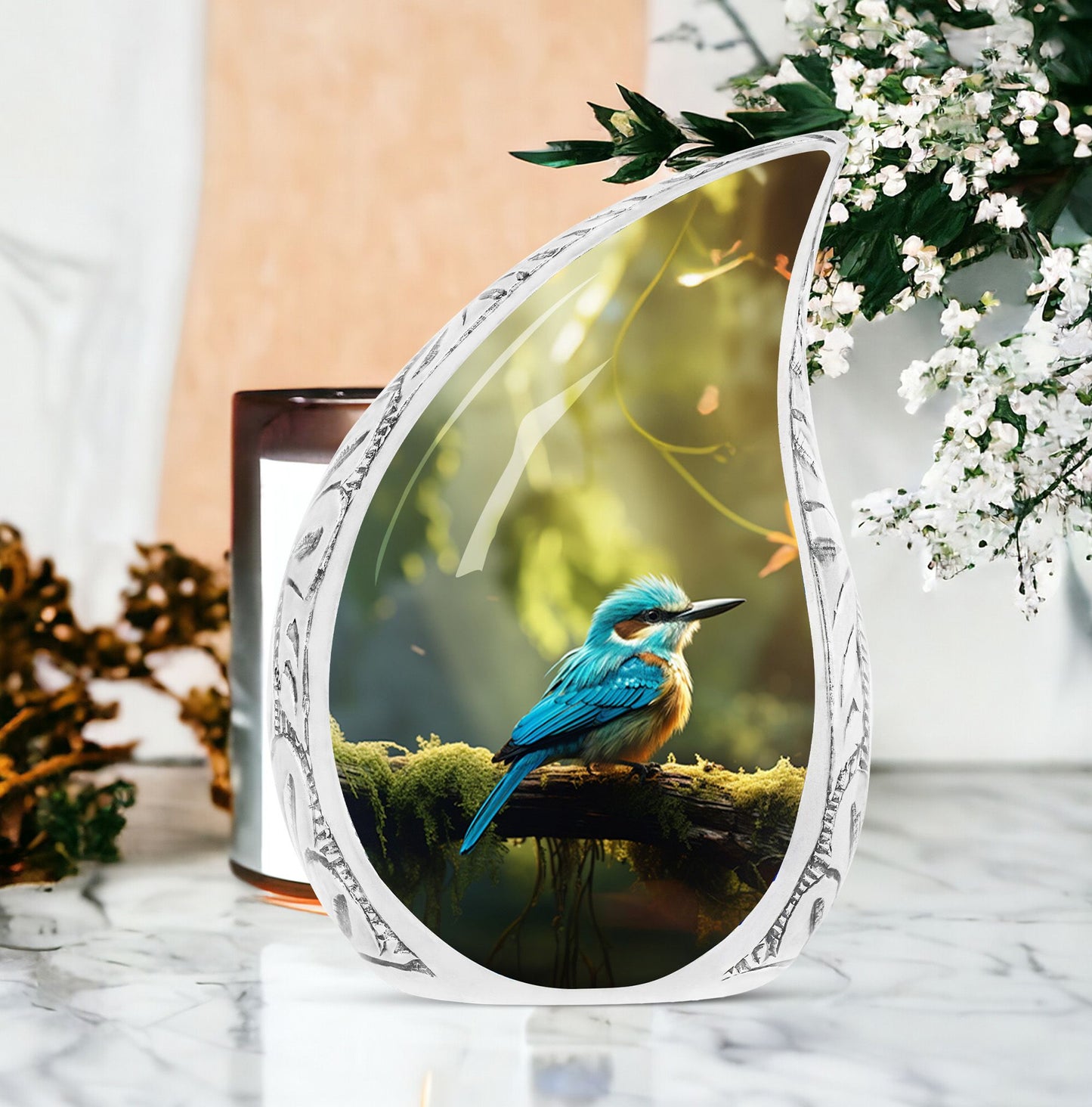 Large blue sparrow urn amidst green forest, designed for human ashes, suitable for funeral and cremation needs