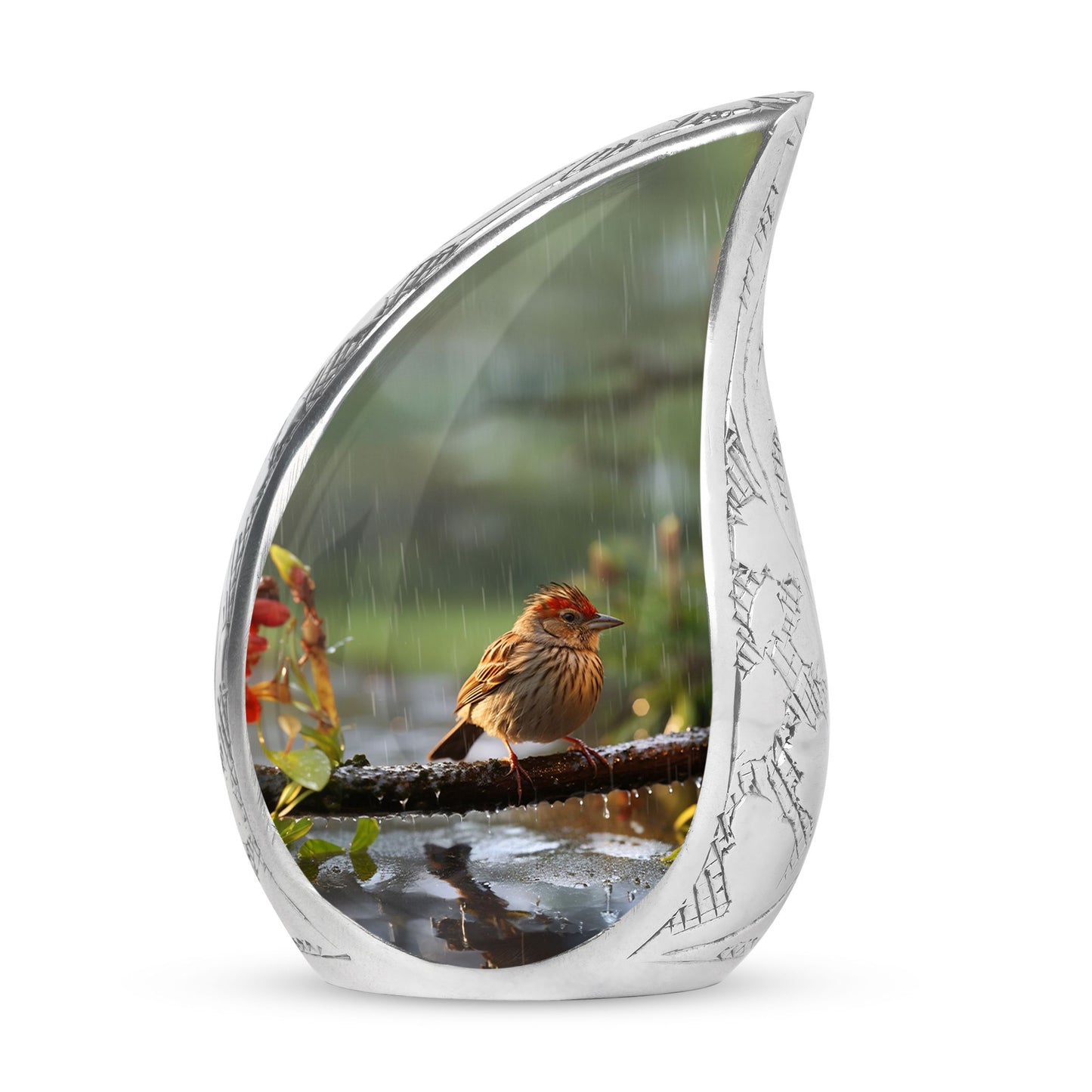 Large Sparrow in Rain themed cremation urn for adult human ashes, suitable for men