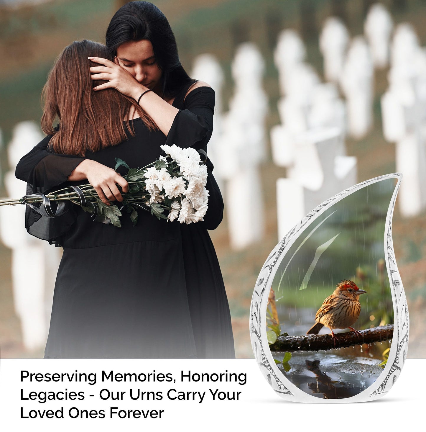 Large Sparrow in Rain themed cremation urn for adult human ashes, suitable for men