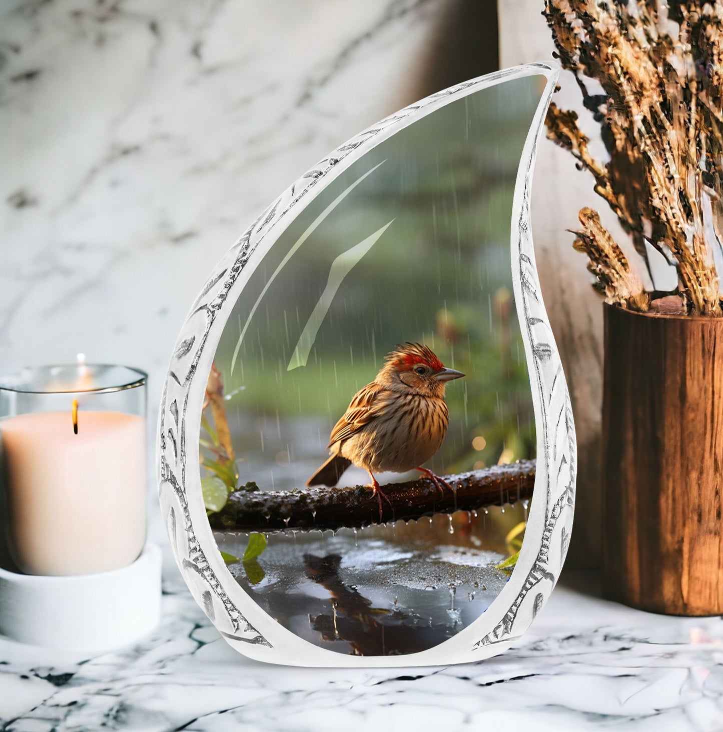 Large Sparrow in Rain themed cremation urn for adult human ashes, suitable for men