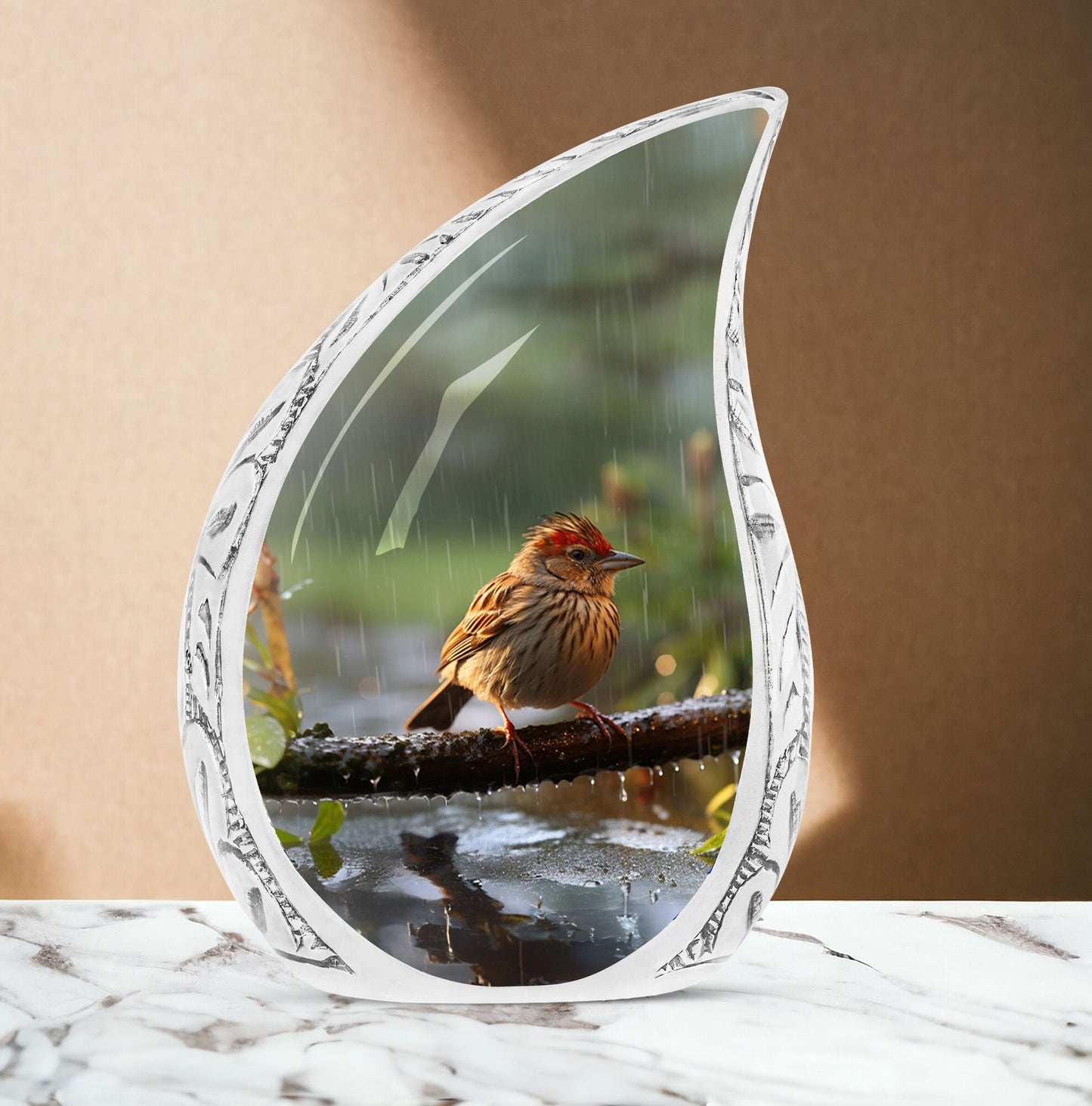 Large Sparrow in Rain themed cremation urn for adult human ashes, suitable for men