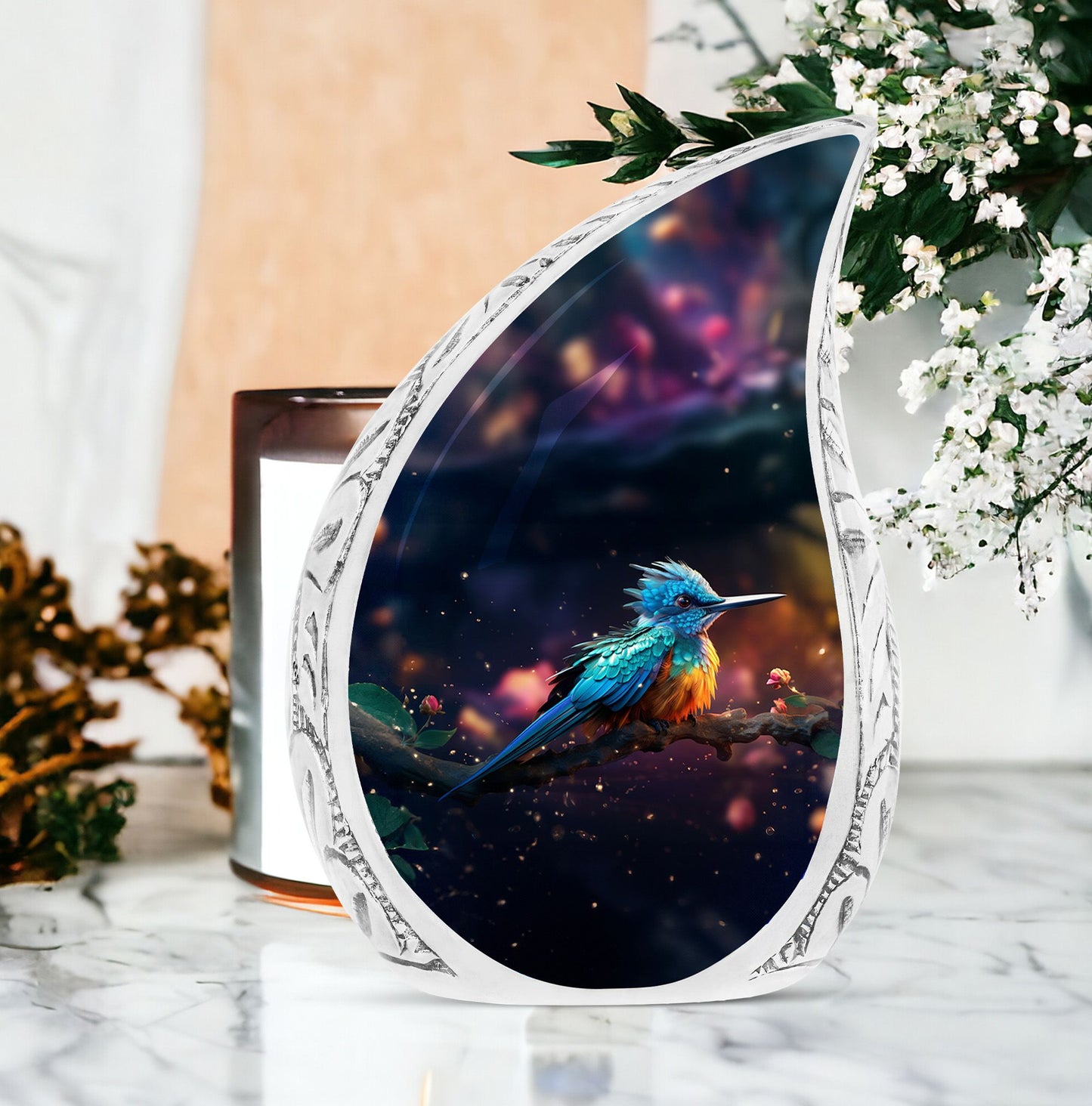 Large Mythical Glass Sparrow urn for human ashes, perfect for memorial and burial purposes