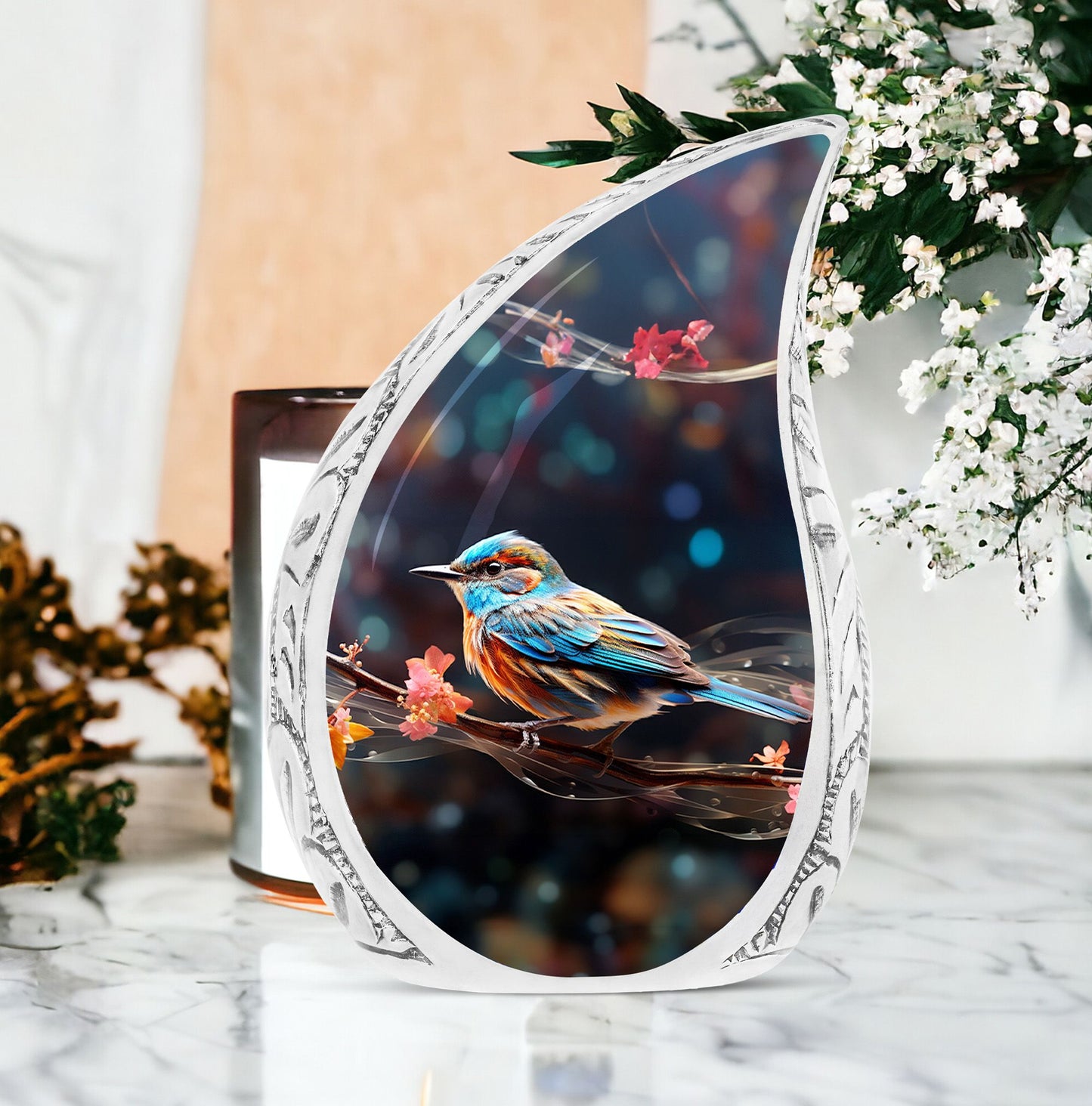 Large colorful sparrow urn for adult ashes, uniquely designed memorial cremation urn in branch theme