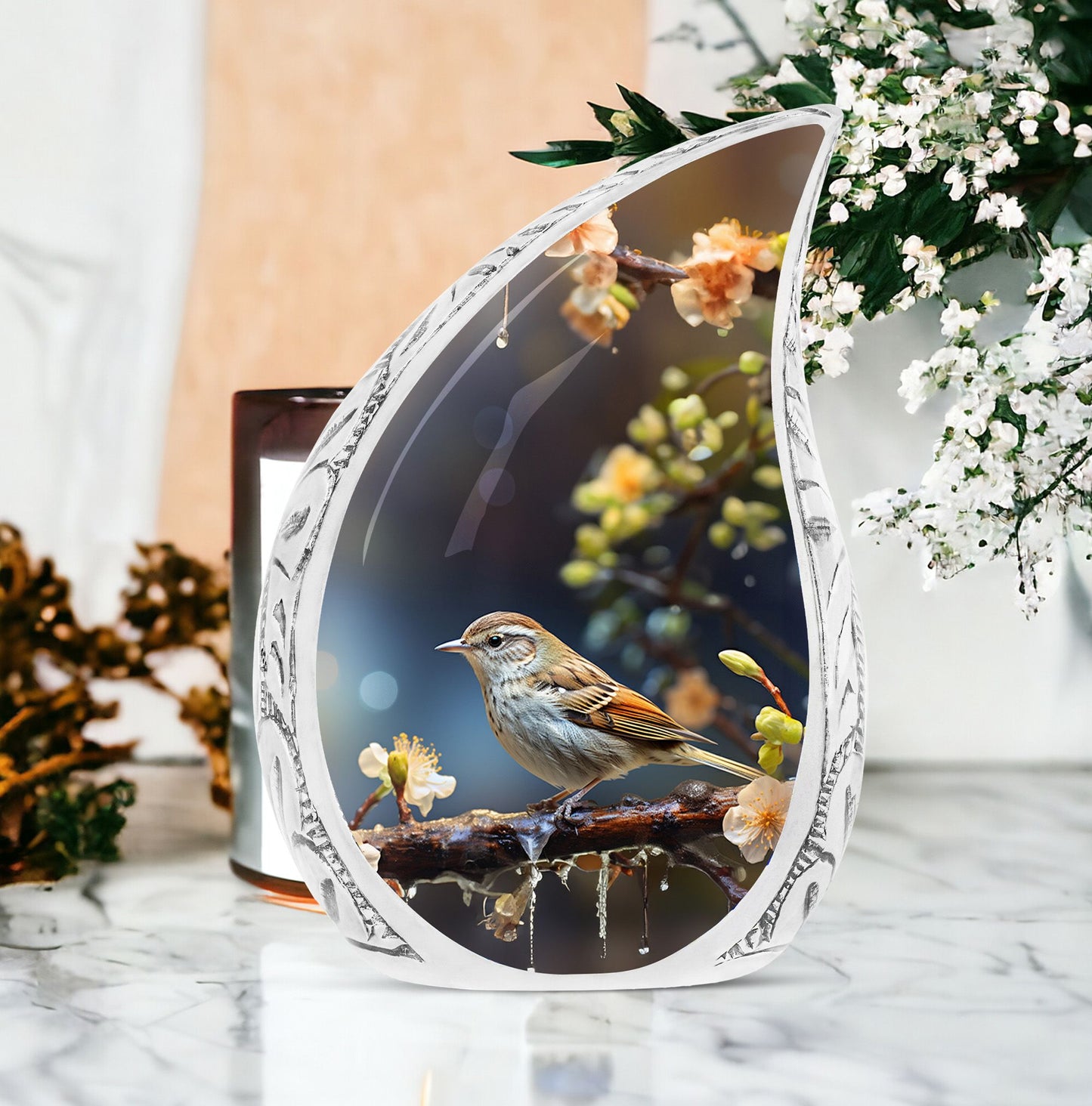 Large Sparrow-themed urn adorned with golden flowers, optimal for adult male ashes storage