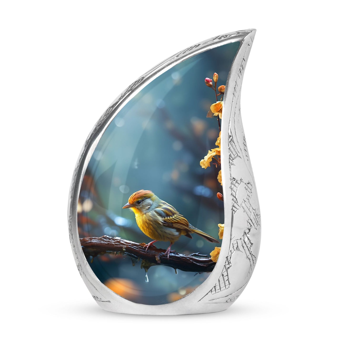 Large yellow sparrow on a branch urn, unique funeral cremation urn for women and men, distinctive urns for human ashes adult