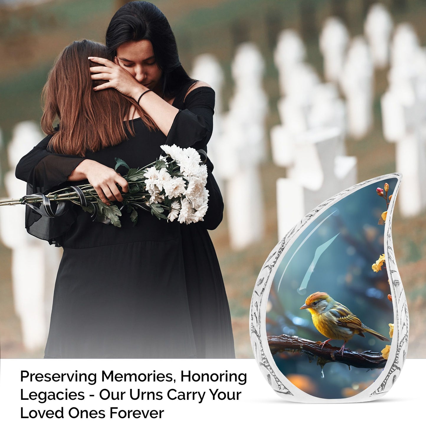 Large yellow sparrow on a branch urn, unique funeral cremation urn for women and men, distinctive urns for human ashes adult