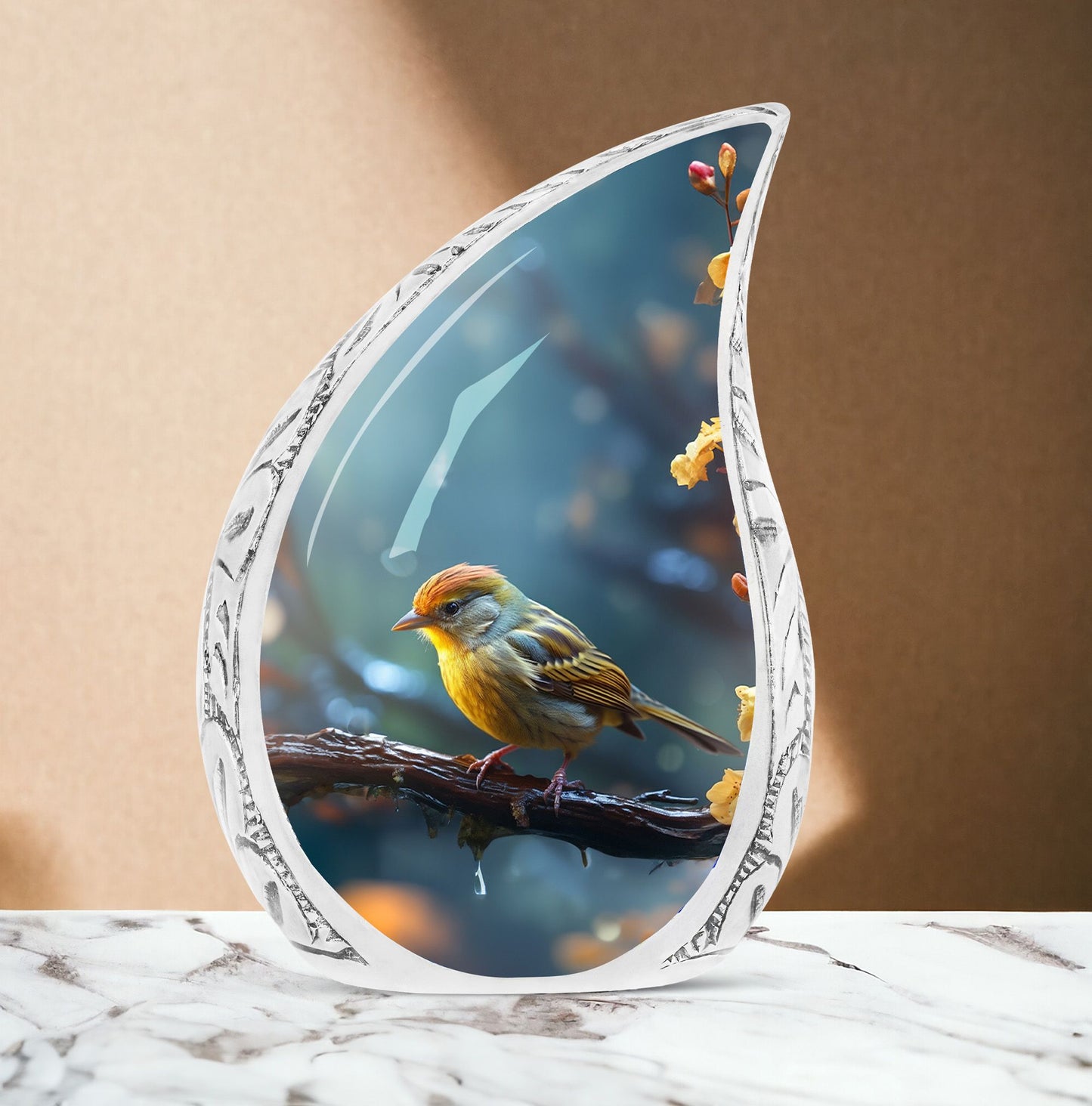 Large yellow sparrow on a branch urn, unique funeral cremation urn for women and men, distinctive urns for human ashes adult