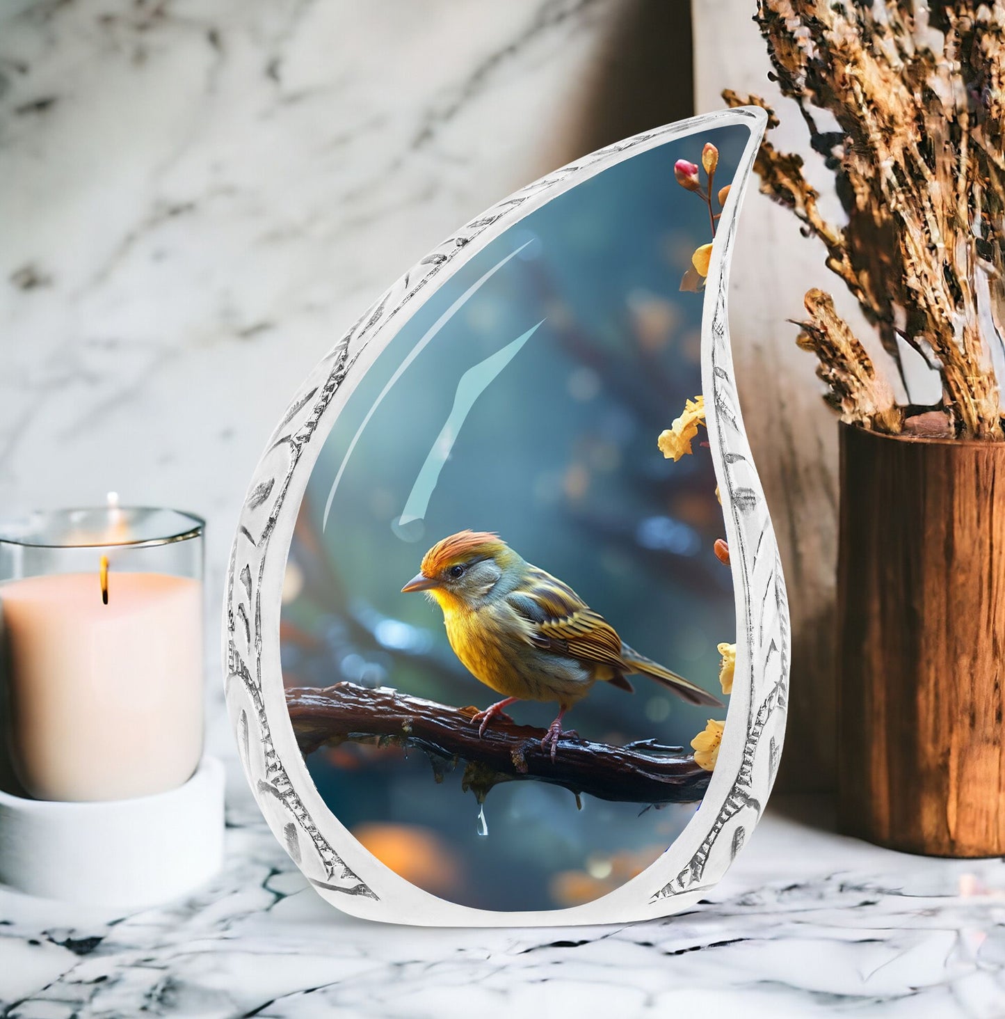 Large yellow sparrow on a branch urn, unique funeral cremation urn for women and men, distinctive urns for human ashes adult