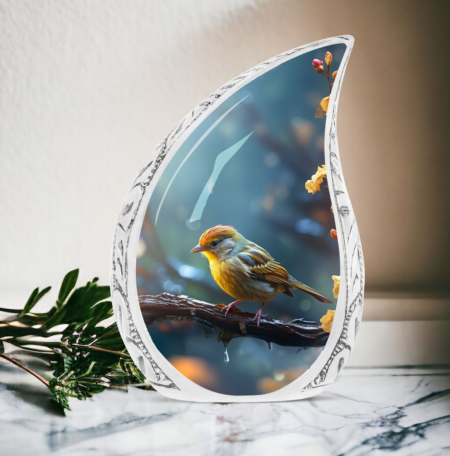 Large yellow sparrow on a branch urn, unique funeral cremation urn for women and men, distinctive urns for human ashes adult