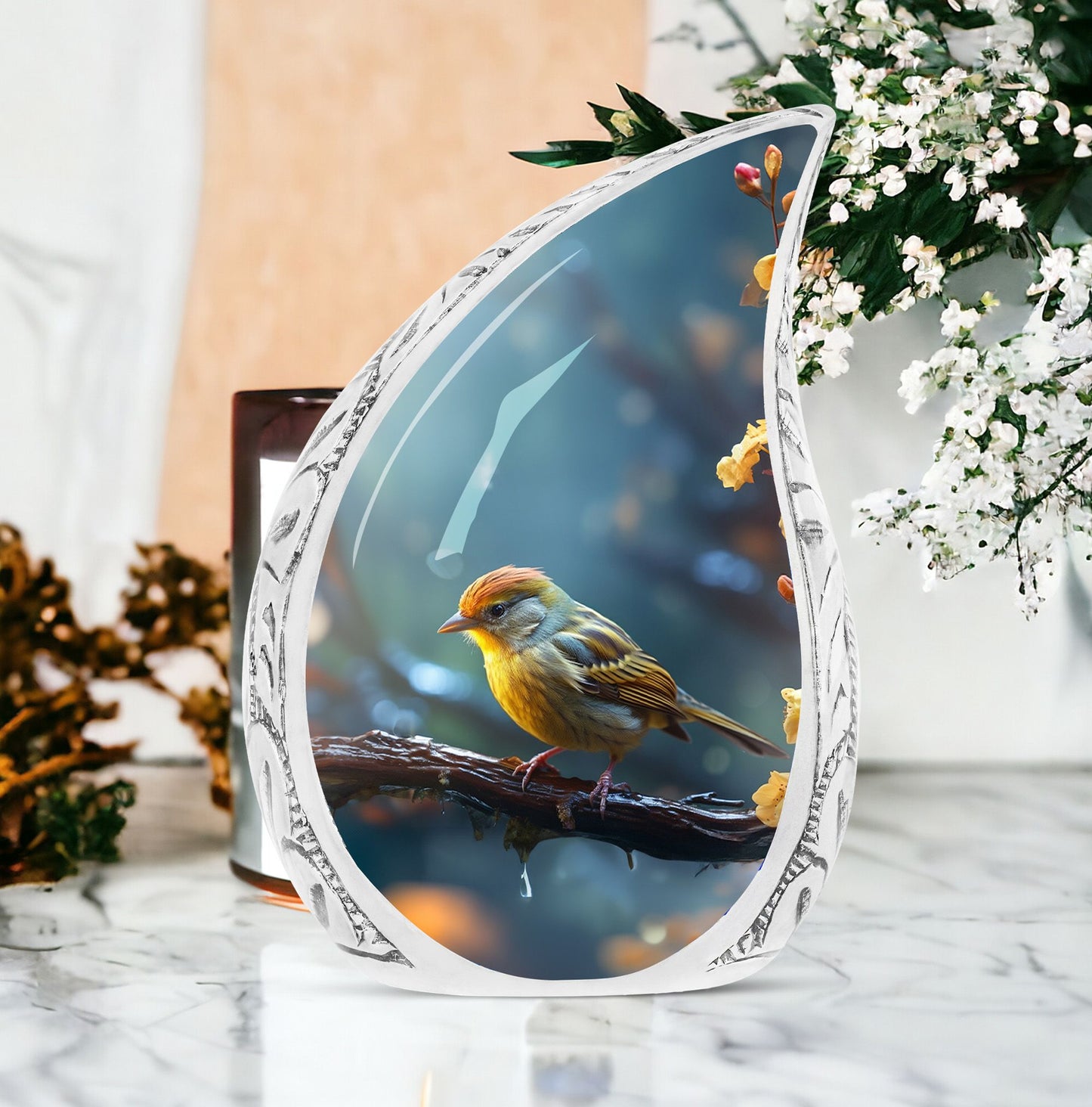 Large yellow sparrow on a branch urn, unique funeral cremation urn for women and men, distinctive urns for human ashes adult