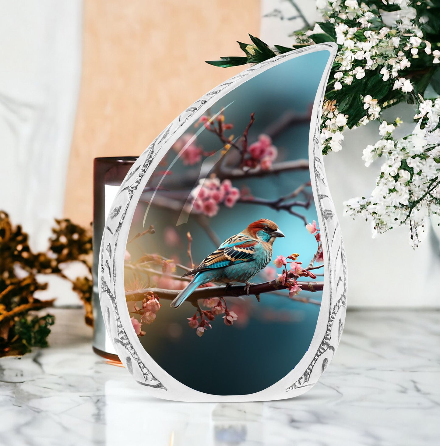 Large Sparrow In Pike Flower Branch urn, a unique cremation urn for human ashes, metal container