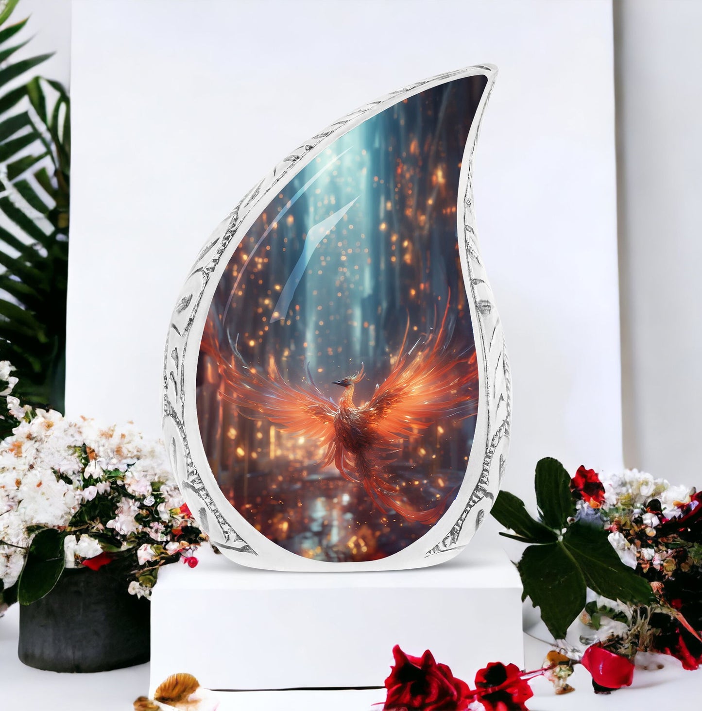 Fire Red Phoenix spreading wings on a large cremation urn suitable for adult male ashes