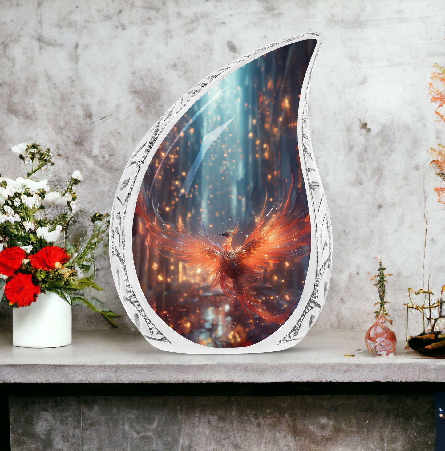 Fire Red Phoenix spreading wings on a large cremation urn suitable for adult male ashes