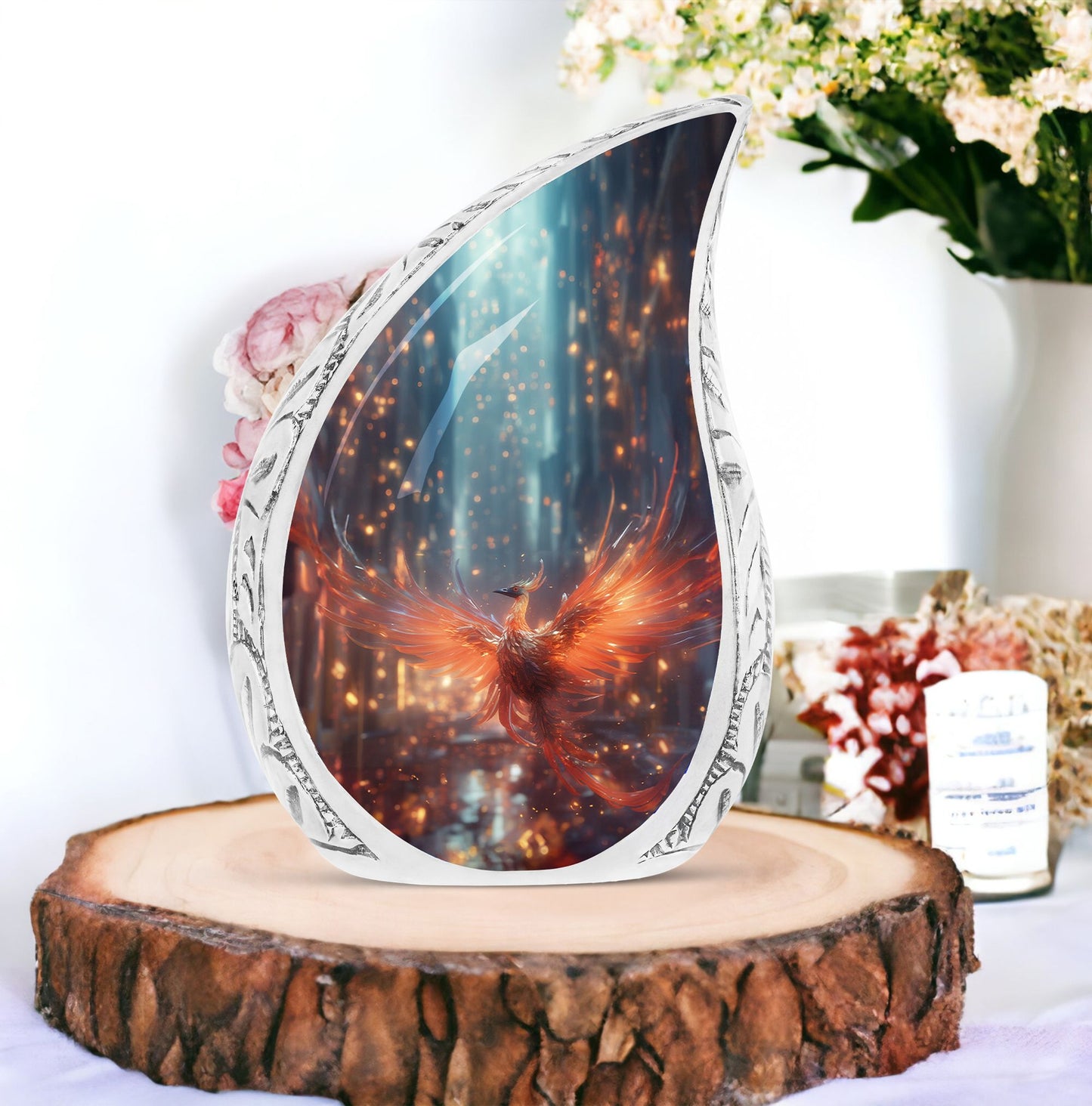 Fire Red Phoenix spreading wings on a large cremation urn suitable for adult male ashes