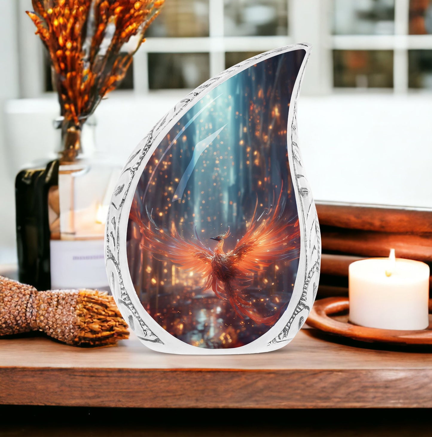 Fire Red Phoenix spreading wings on a large cremation urn suitable for adult male ashes