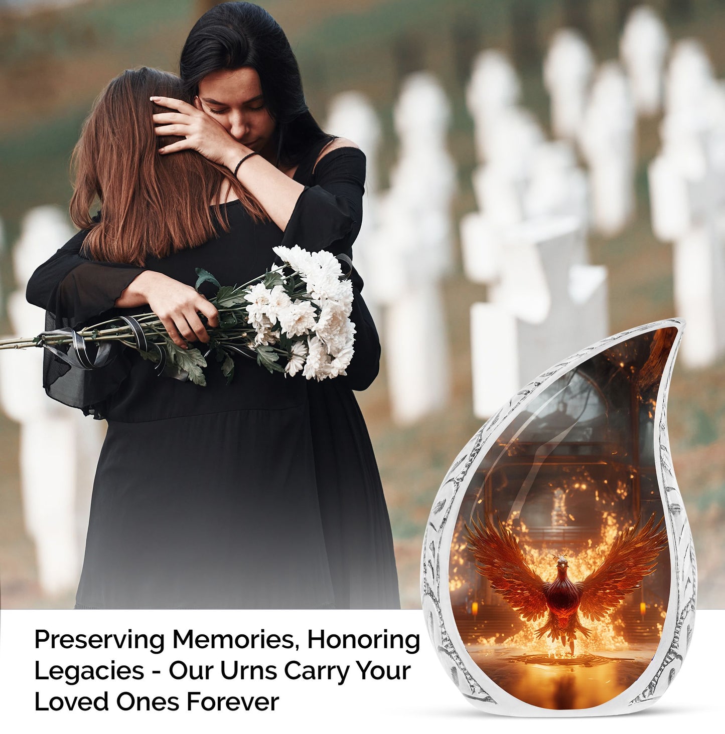 Large Phoenix themed cremation urn, showing a red phoenix spreading wings amidst fire in palace, ideal ash holder for adults