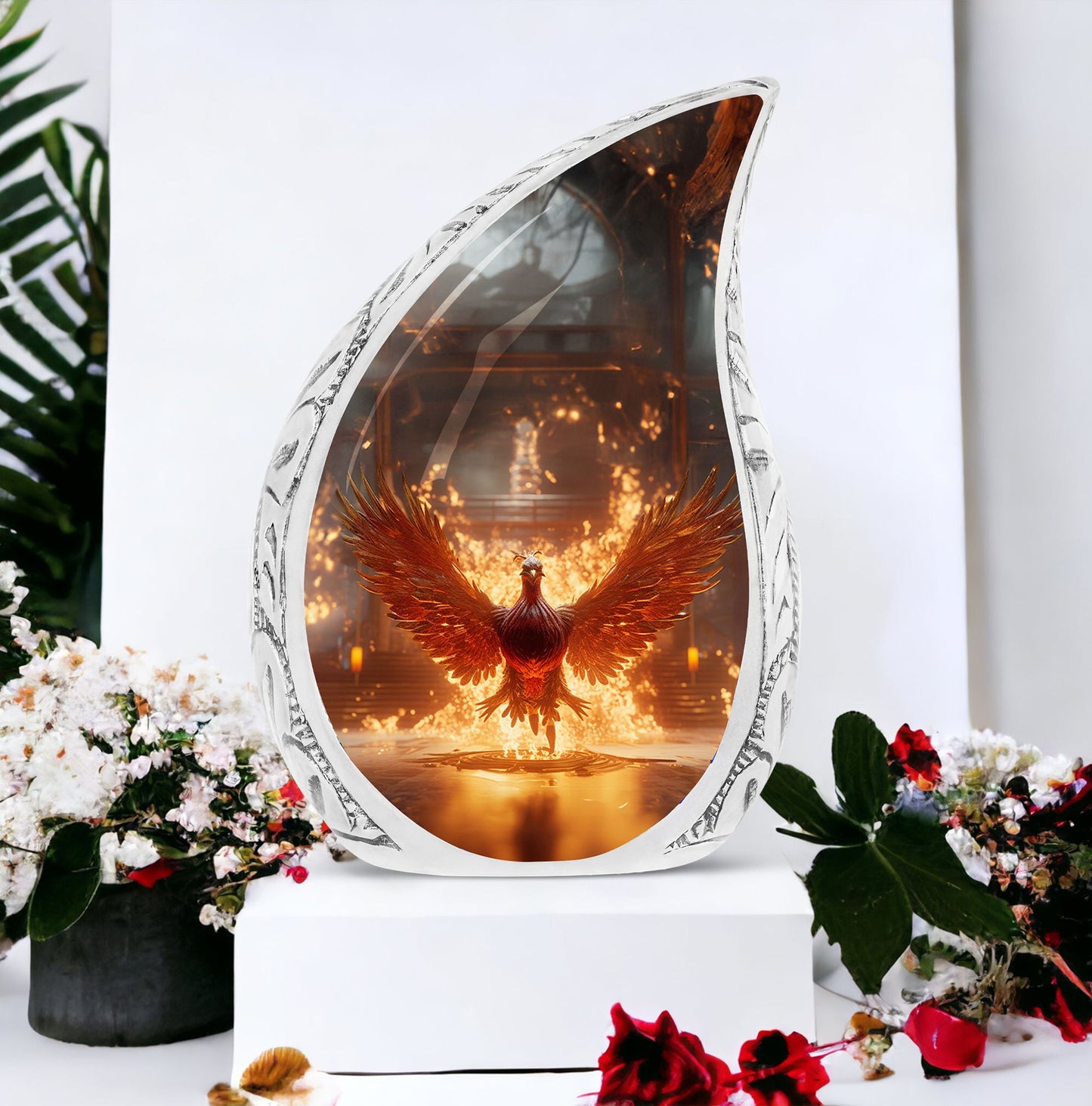 Large Phoenix themed cremation urn, showing a red phoenix spreading wings amidst fire in palace, ideal ash holder for adults