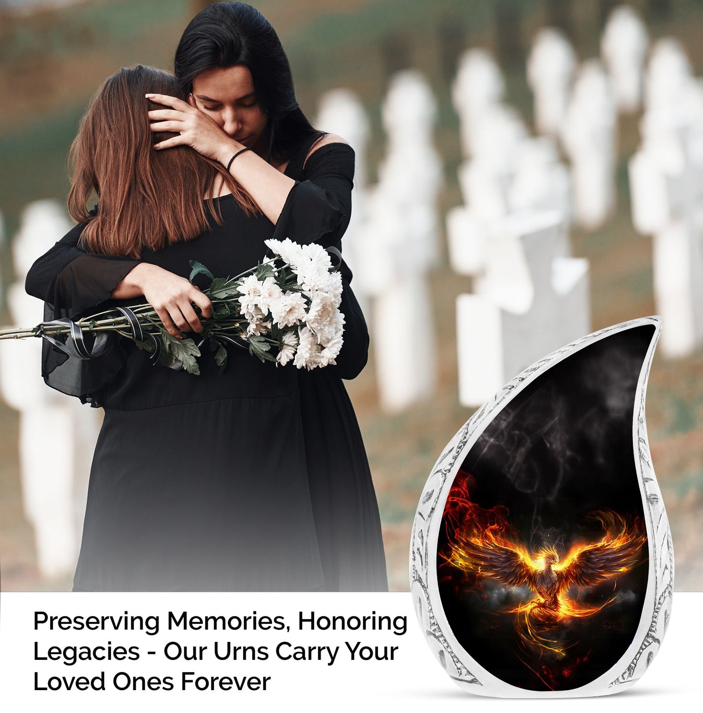 Large Phoenix Urn featuring an angry Phoenix spreading wings in fire, suitable for adult human ashes, suitable for both men and women