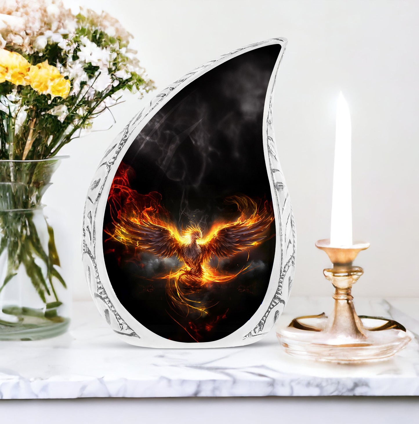 Large Phoenix Urn featuring an angry Phoenix spreading wings in fire, suitable for adult human ashes, suitable for both men and women