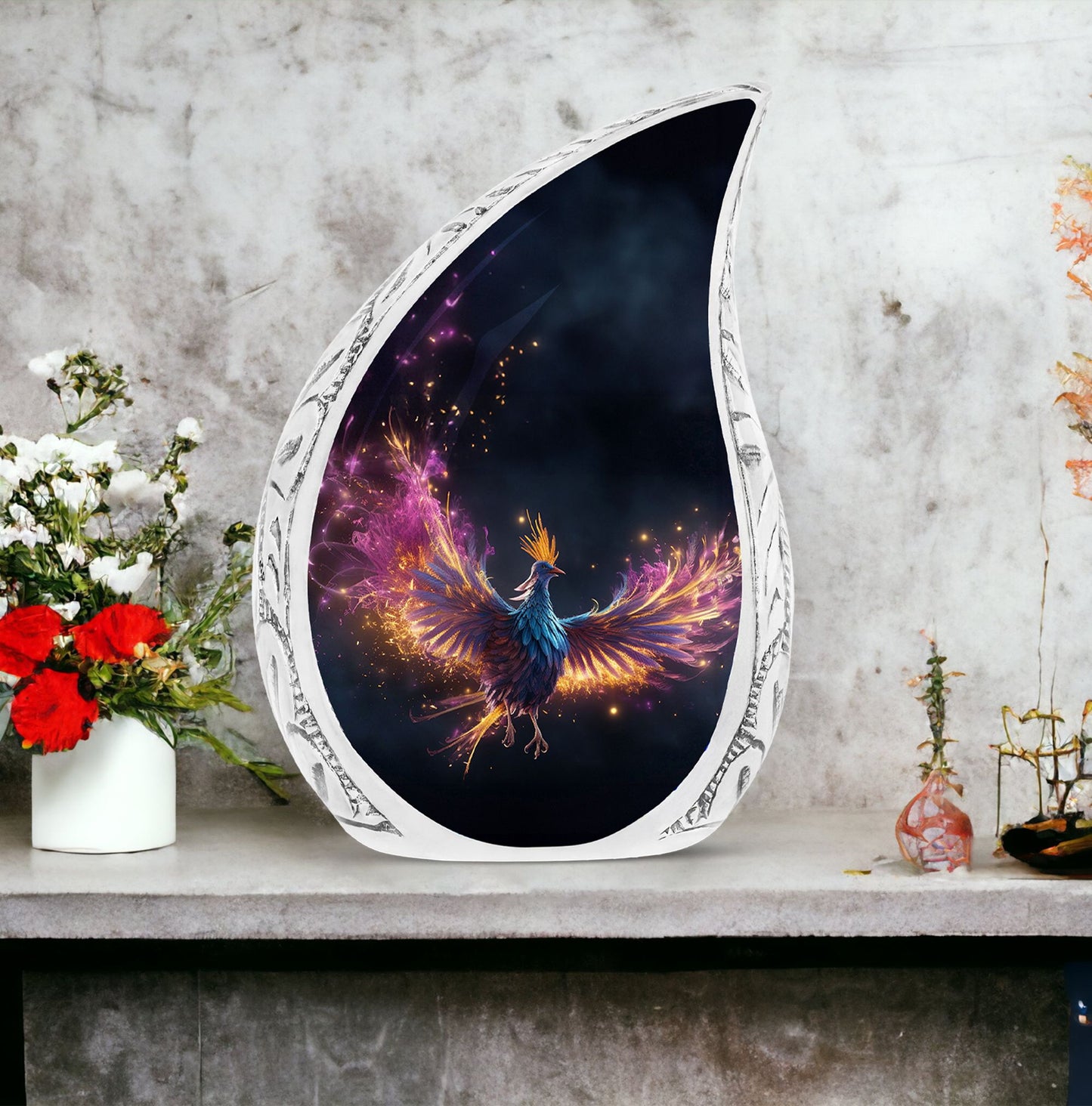 Vivid Phoenix-themed large urn for adult ashes, ideal for both men and women