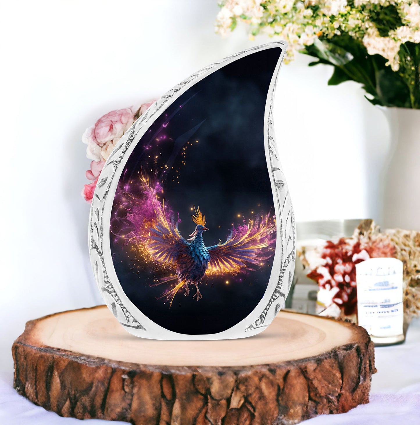 Vivid Phoenix-themed large urn for adult ashes, ideal for both men and women
