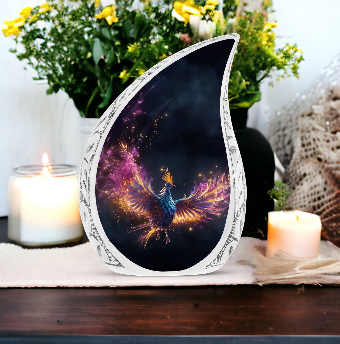 Vivid Phoenix-themed large urn for adult ashes, ideal for both men and women