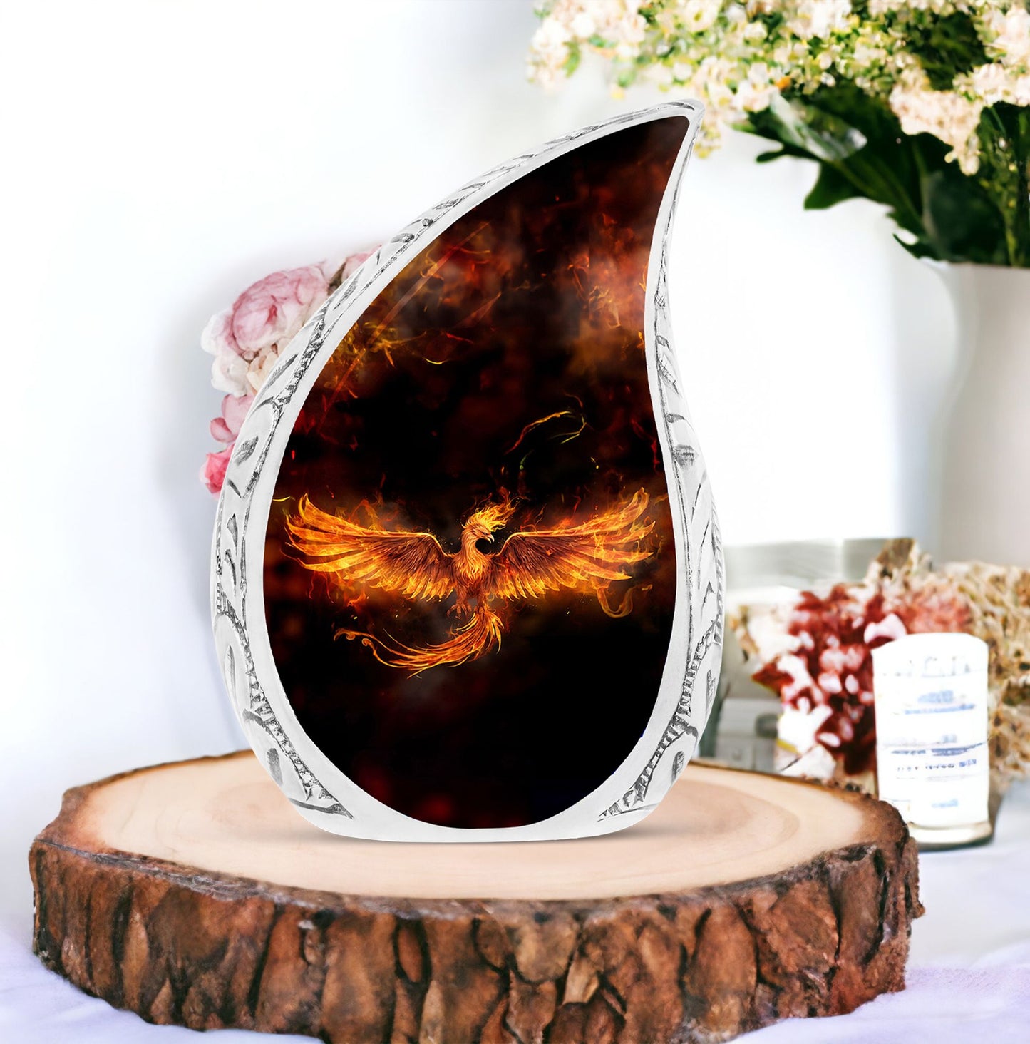 Fire Phoenix urn with wings spread, decorative burial large urn for adult human ashes