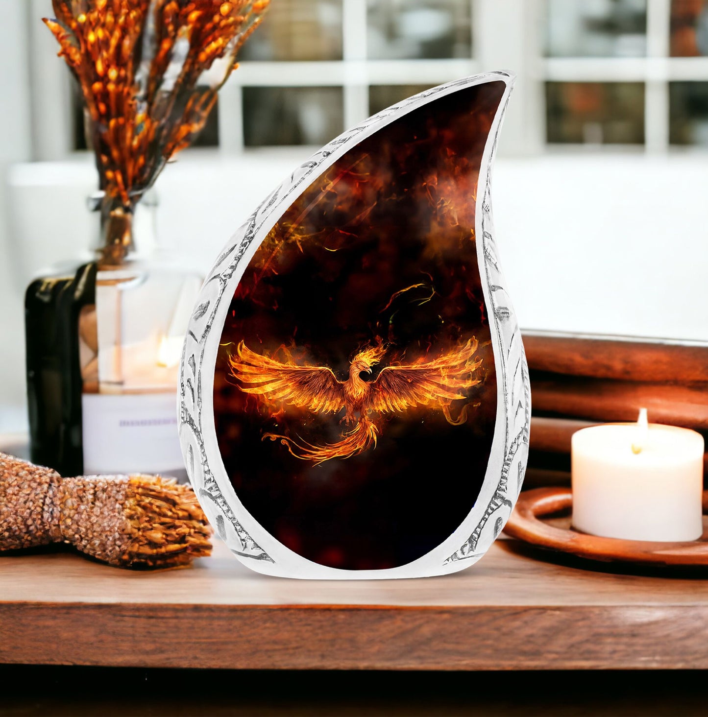 Fire Phoenix urn with wings spread, decorative burial large urn for adult human ashes