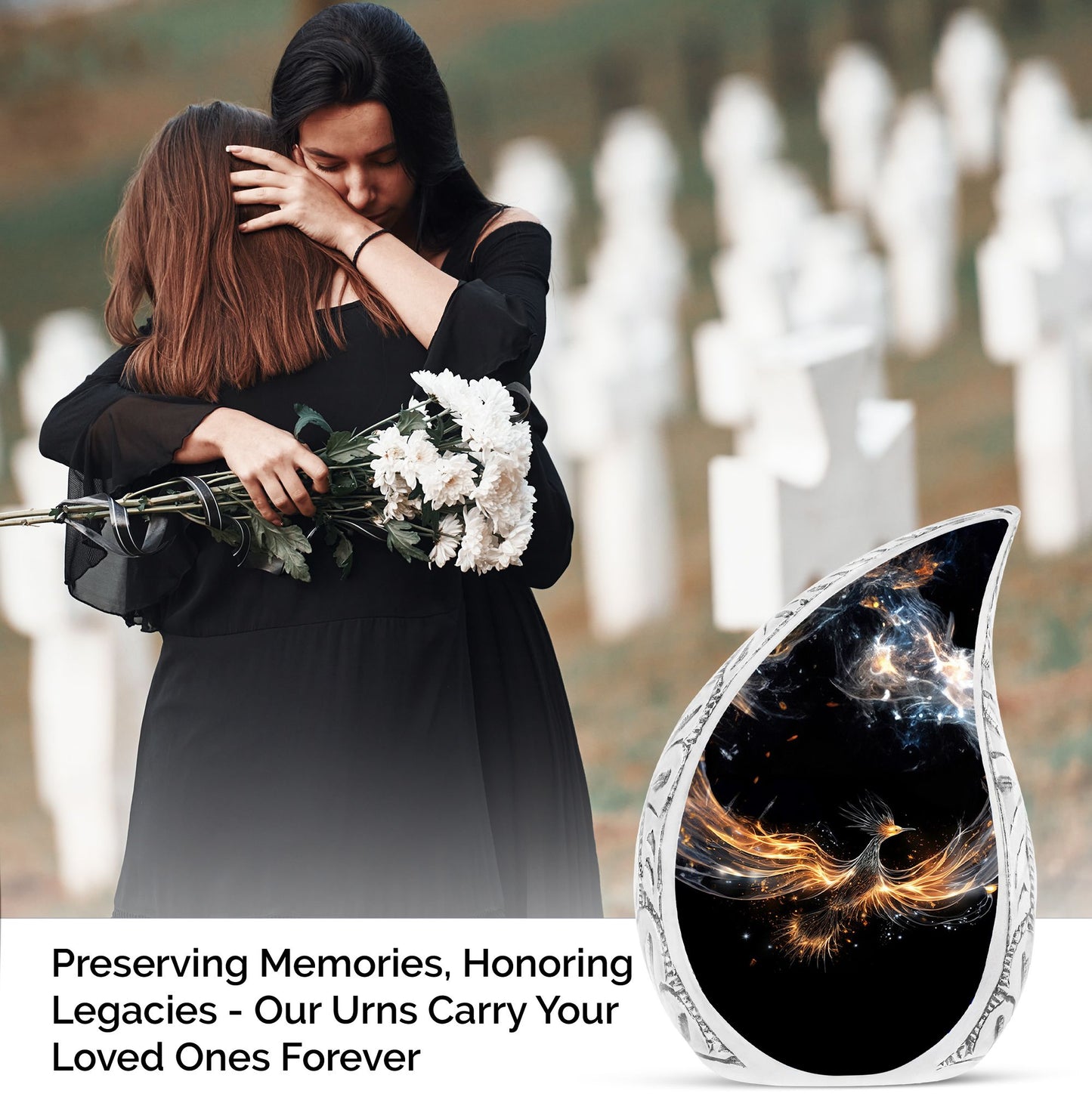 Large, decorative urn styled as a shining phoenix spreading its wings, ideal for human ashes