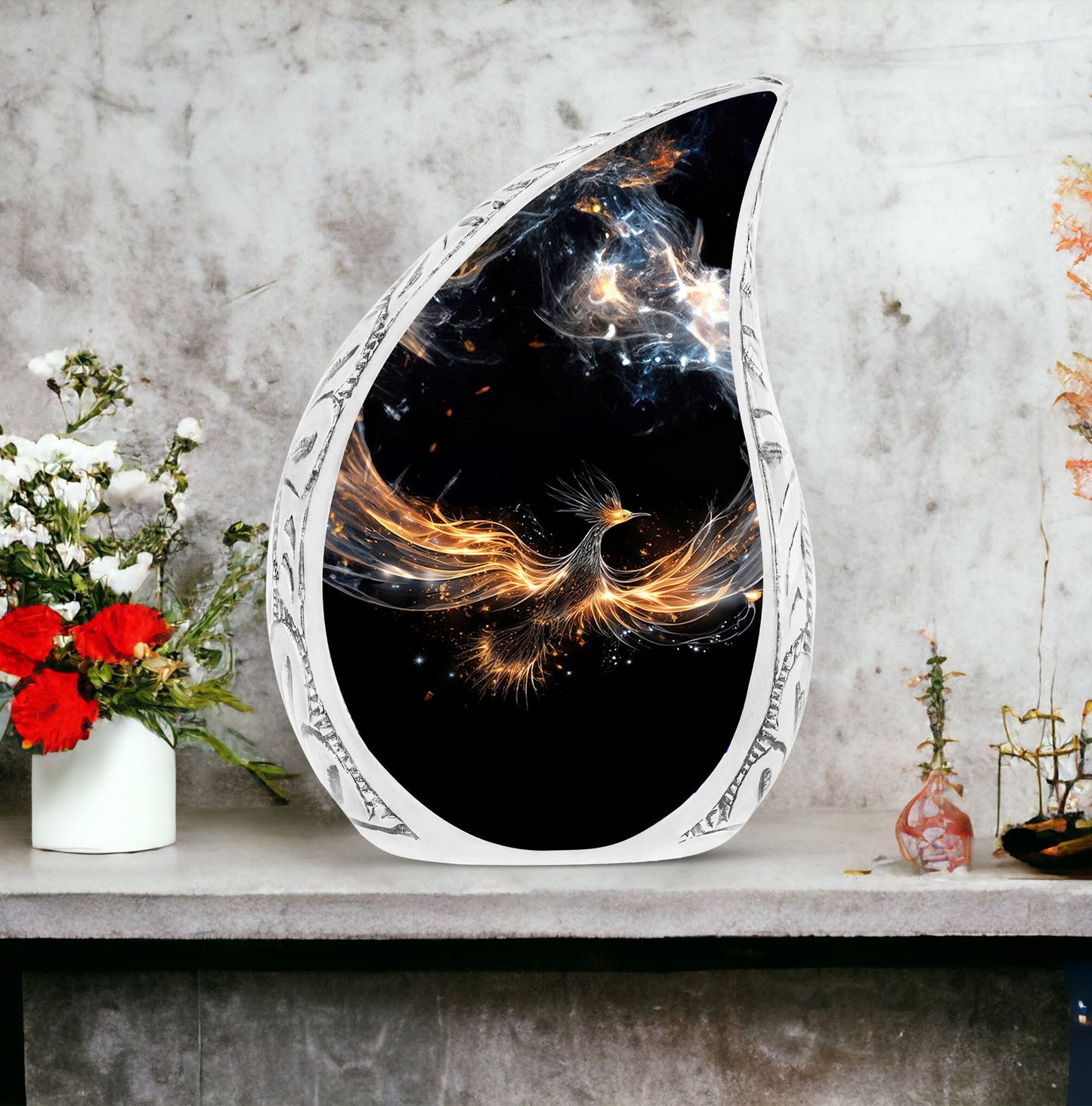 Large, decorative urn styled as a shining phoenix spreading its wings, ideal for human ashes