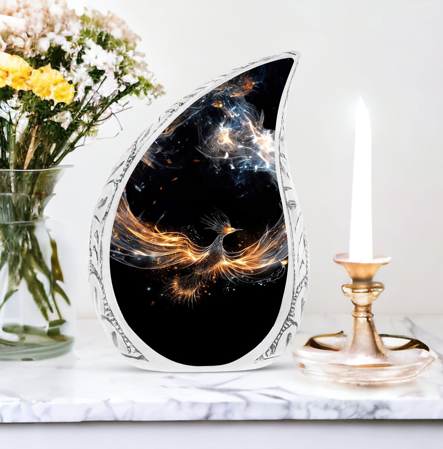 Large, decorative urn styled as a shining phoenix spreading its wings, ideal for human ashes