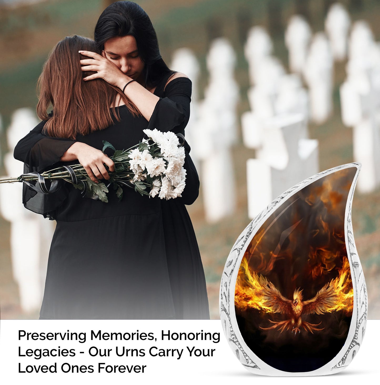 Large phoenix urn for cremation ashes, symbolizing the bird spreading wings within fire, suitable for human ashes