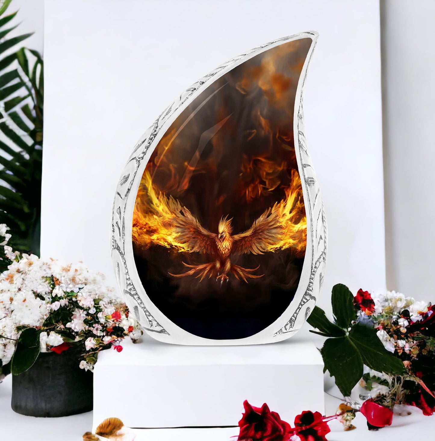 Large phoenix urn for cremation ashes, symbolizing the bird spreading wings within fire, suitable for human ashes