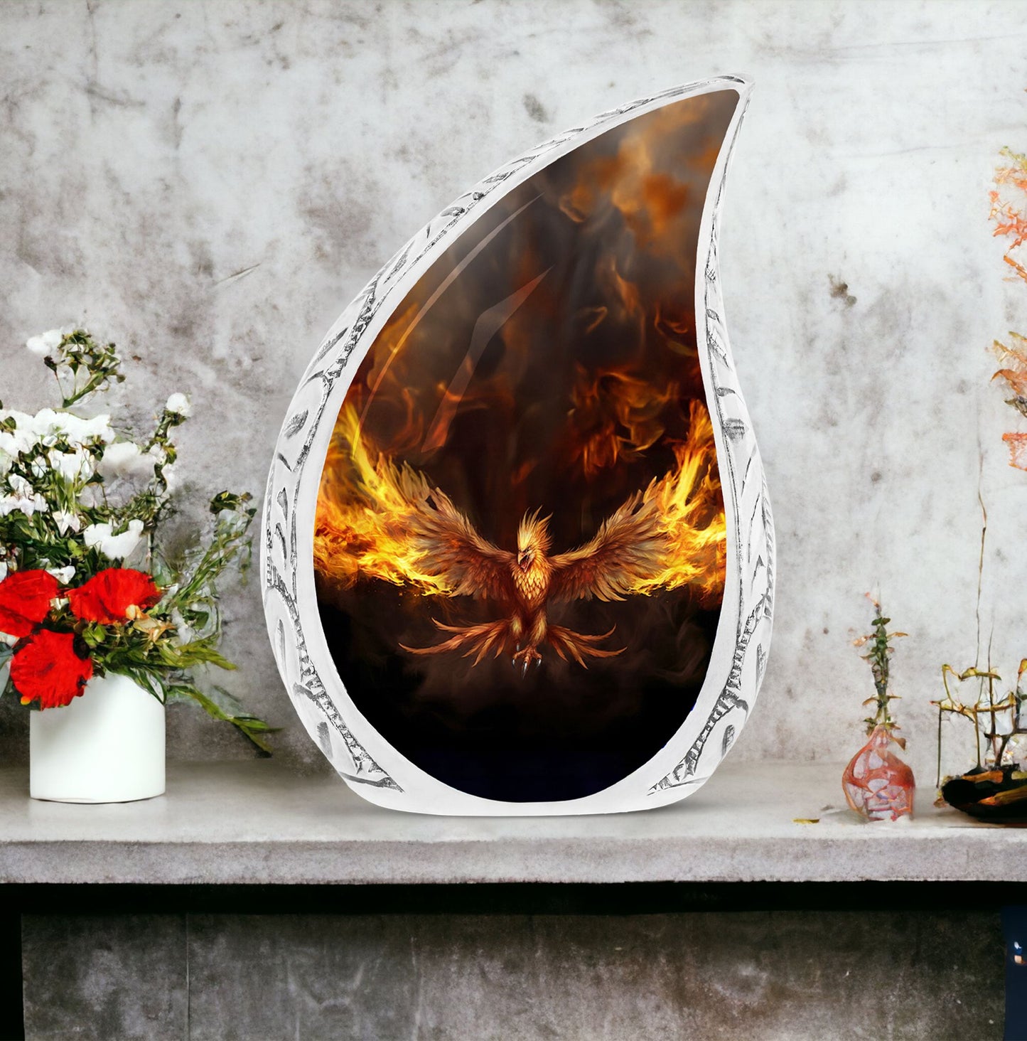 Large phoenix urn for cremation ashes, symbolizing the bird spreading wings within fire, suitable for human ashes