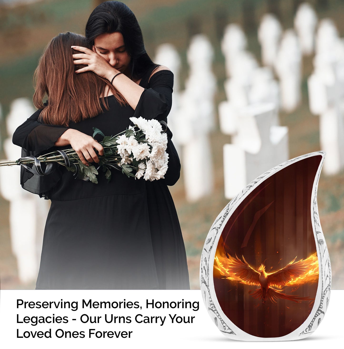 Phoenix themed large metal urn spreading yellow fire wings, designed for adult human ashes burial