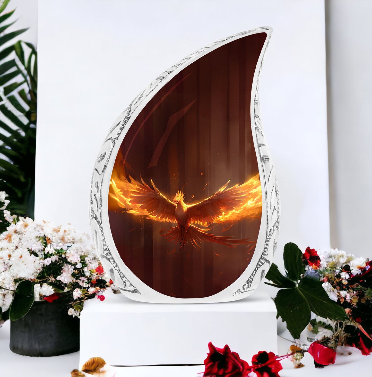 Phoenix themed large metal urn spreading yellow fire wings, designed for adult human ashes burial