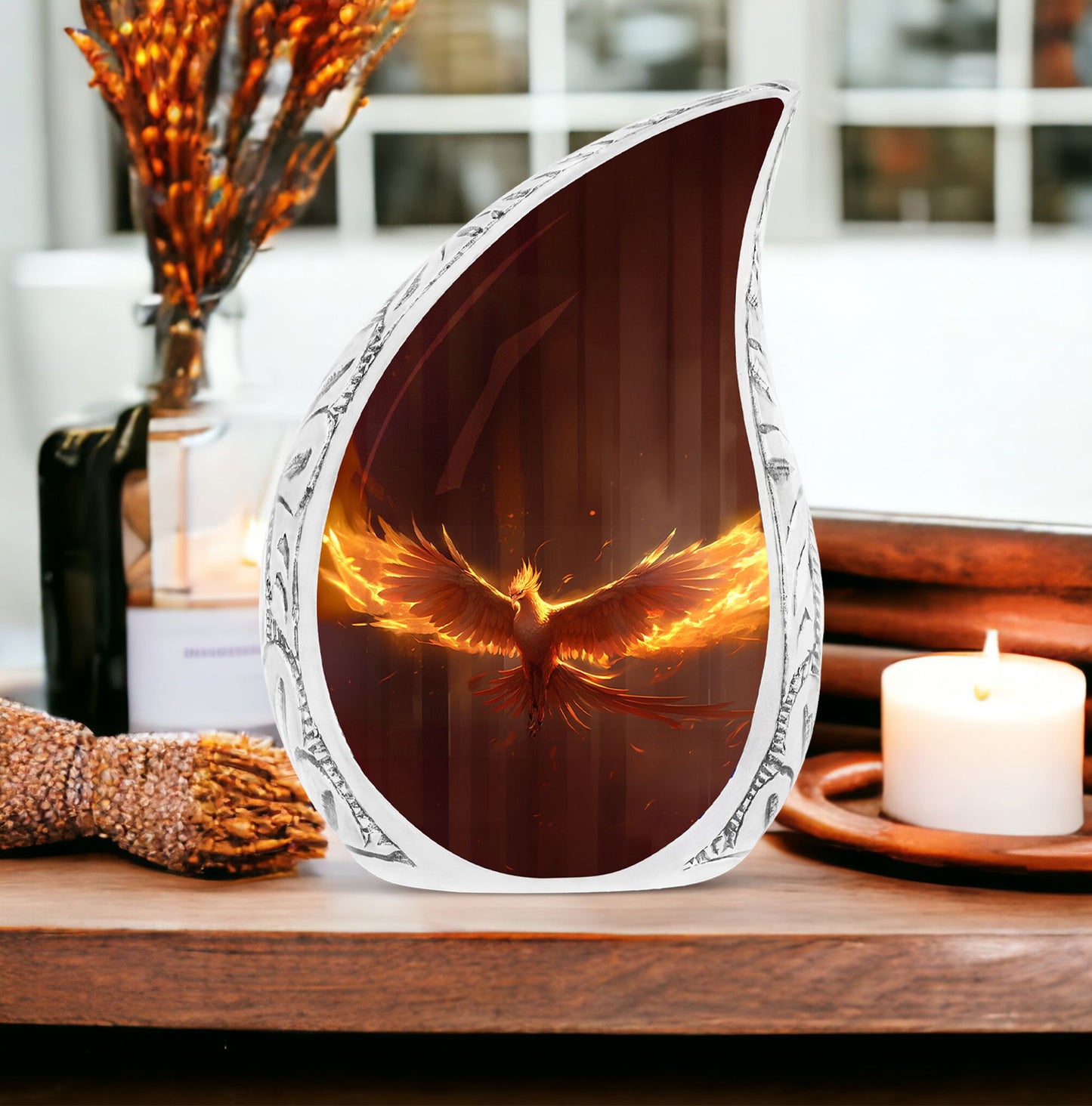 Phoenix themed large metal urn spreading yellow fire wings, designed for adult human ashes burial