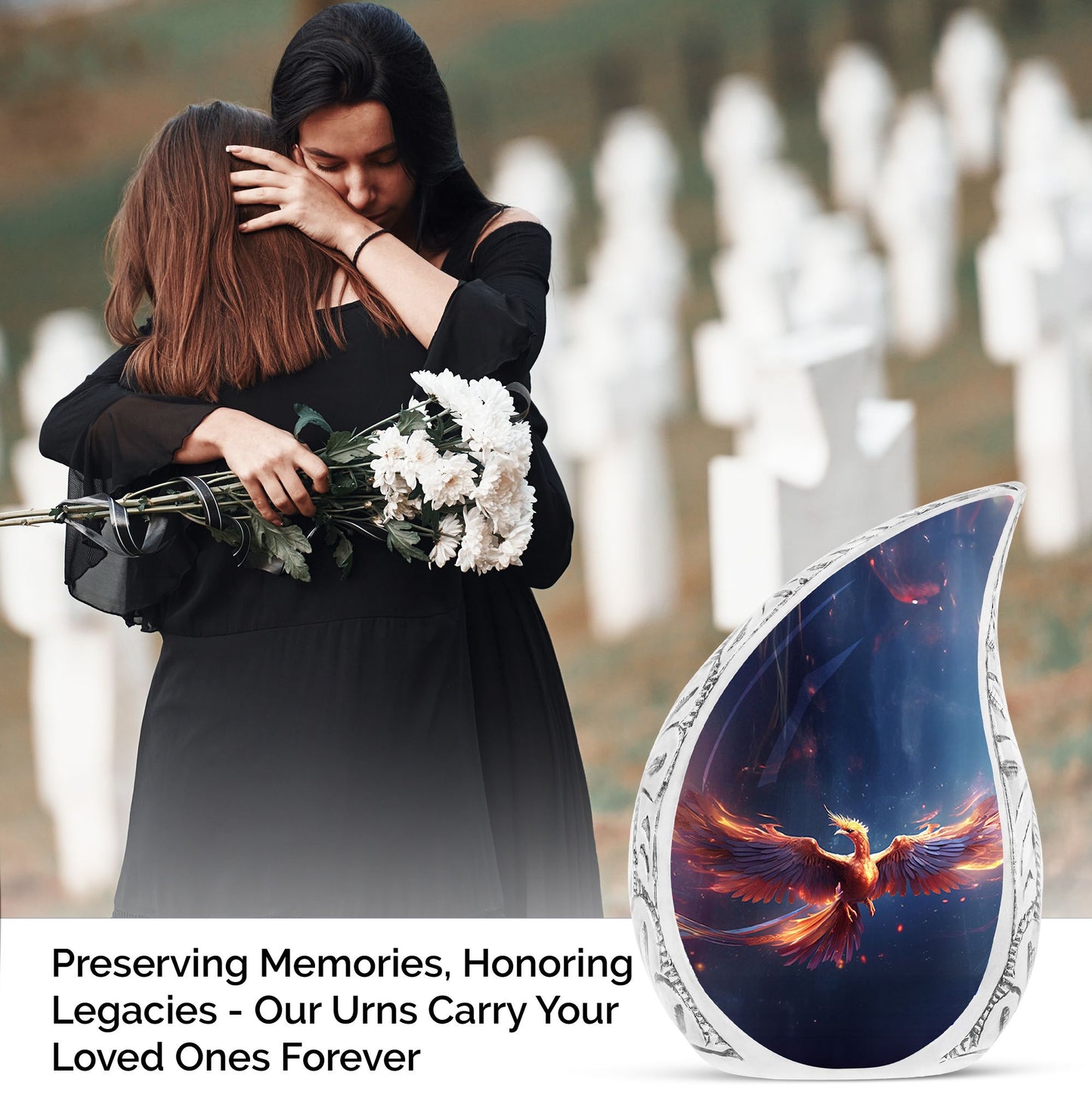 Large Phoenix Urns designed for burial, depicted in vibrant red and blue fire, ideal for storing adult human ashes in an artistic and decorative manner.