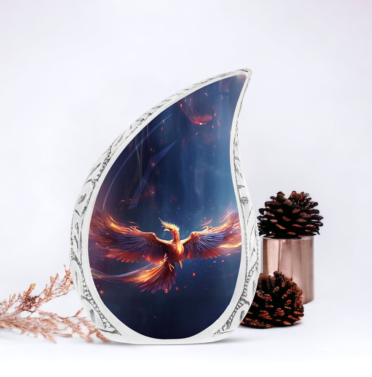 Large Phoenix Urns designed for burial, depicted in vibrant red and blue fire, ideal for storing adult human ashes in an artistic and decorative manner.