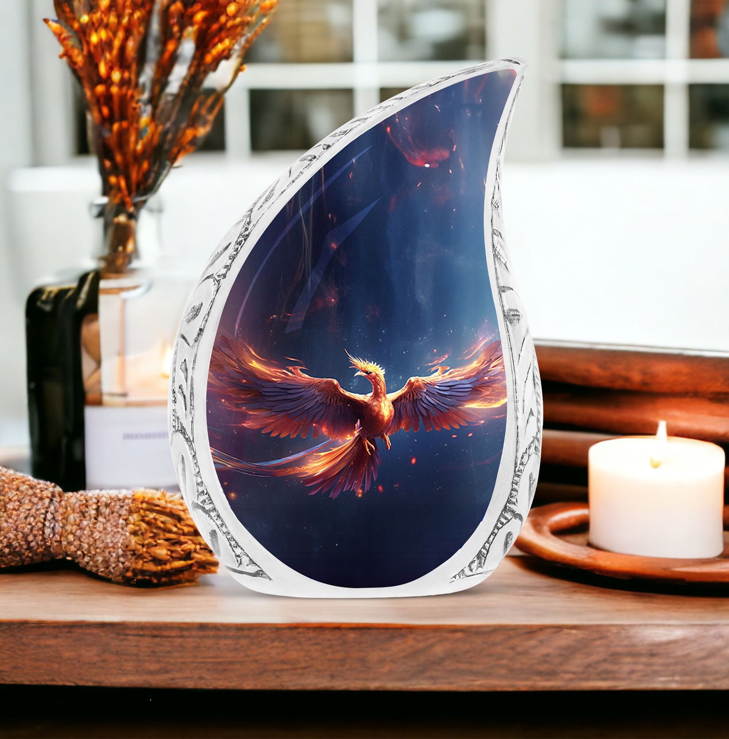 Large Phoenix Urns designed for burial, depicted in vibrant red and blue fire, ideal for storing adult human ashes in an artistic and decorative manner.