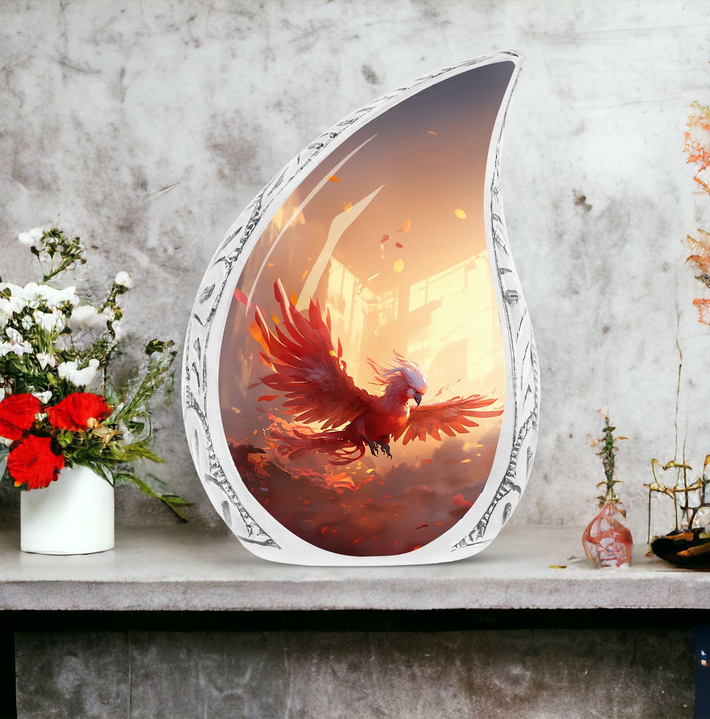 Large Red and White Phoenix Urn, ideal for adult male ashes, made from durable metal
