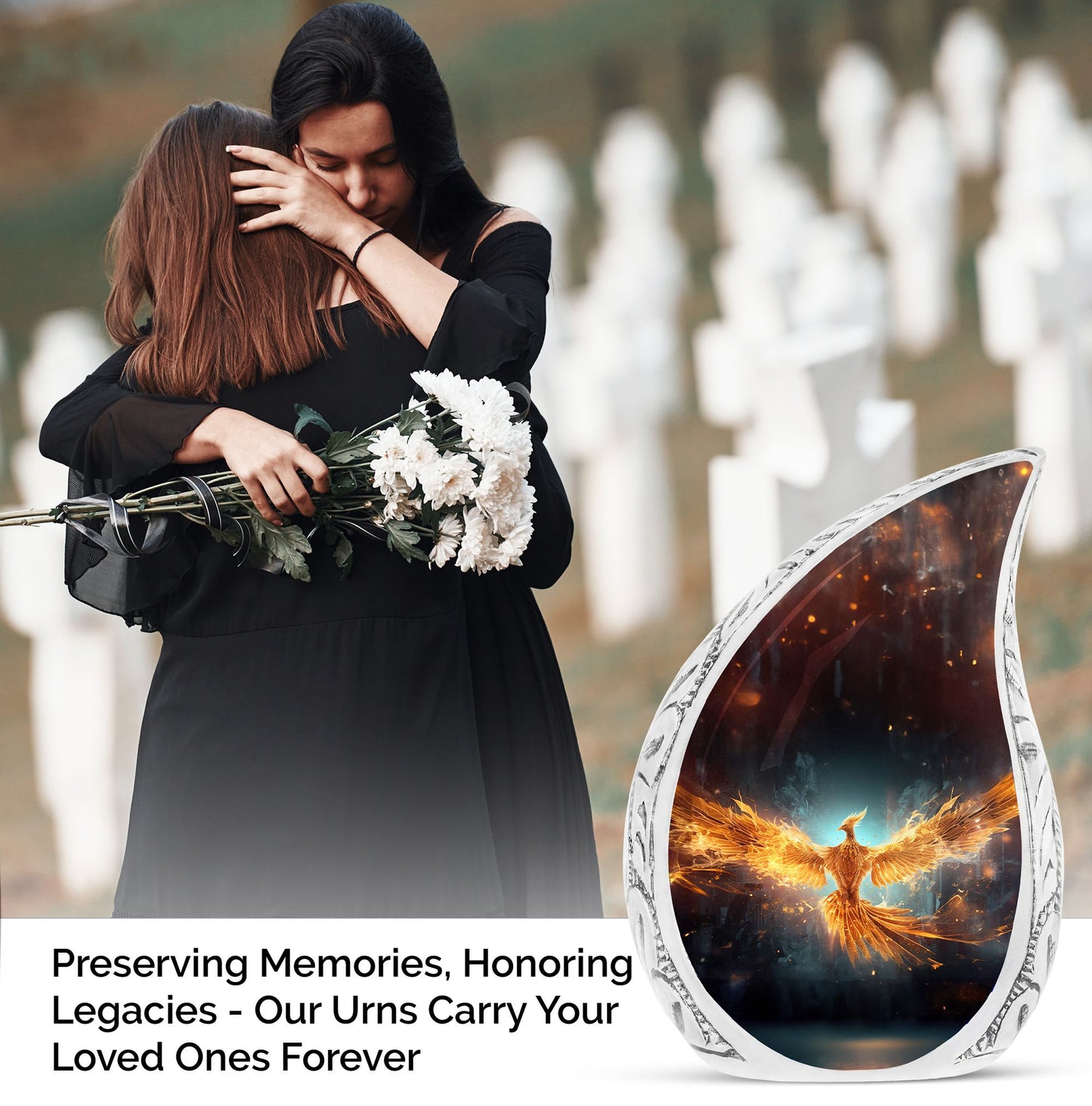 Large, decorative phoenix urn in vibrant yellow, with detailed wings spread amidst flames, ideal for ashes of adult women.