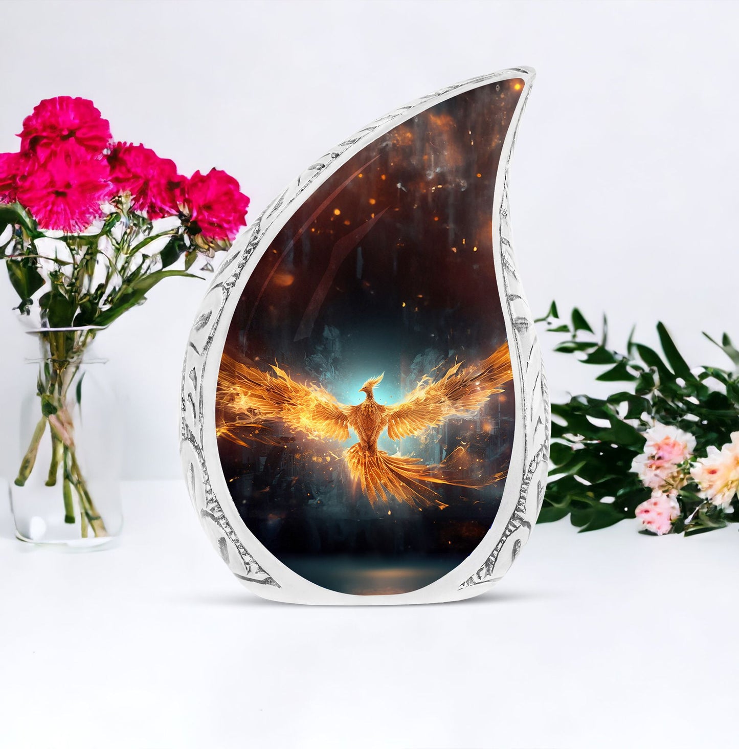 Large, decorative phoenix urn in vibrant yellow, with detailed wings spread amidst flames, ideal for ashes of adult women.
