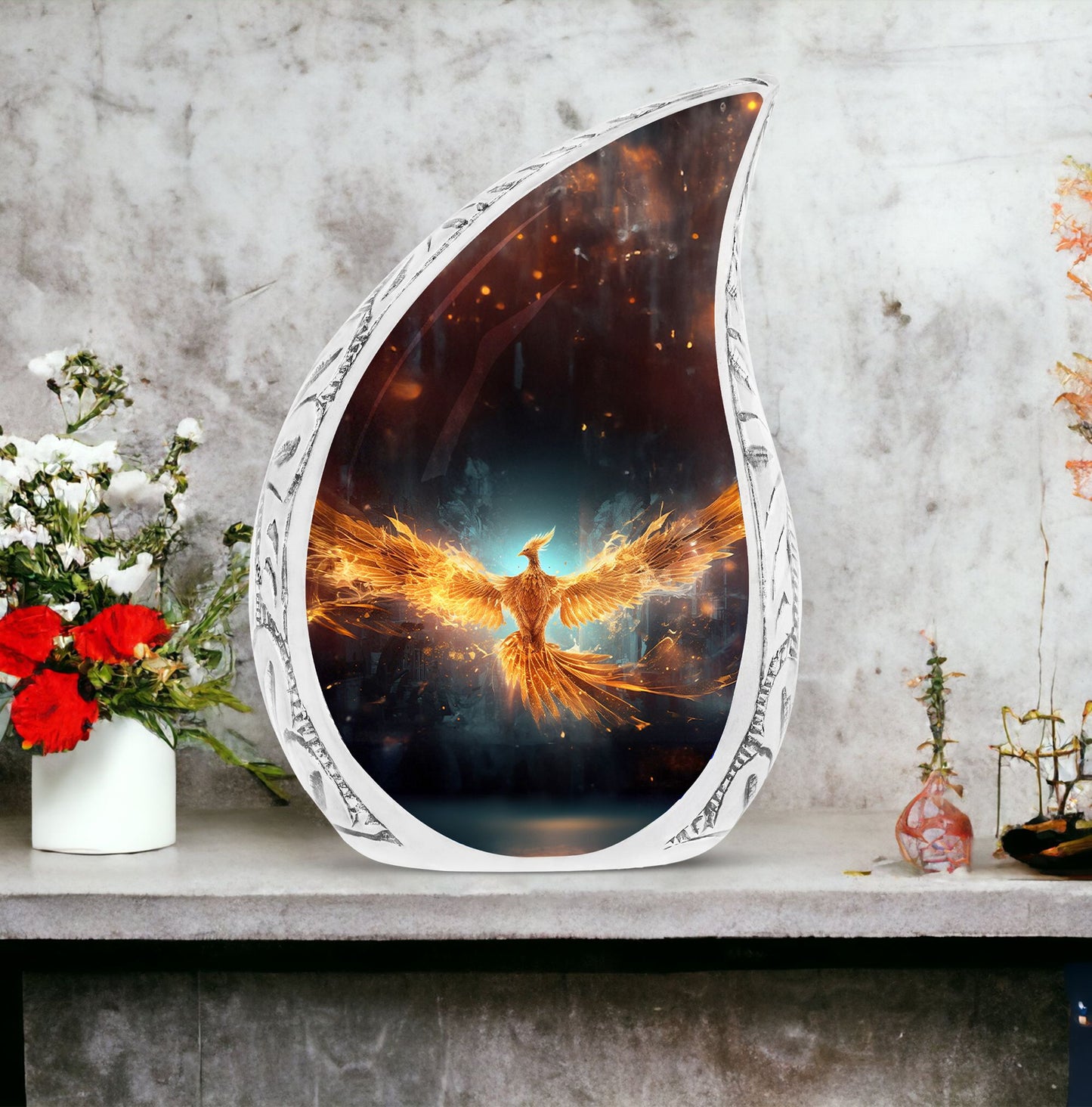 Large, decorative phoenix urn in vibrant yellow, with detailed wings spread amidst flames, ideal for ashes of adult women.
