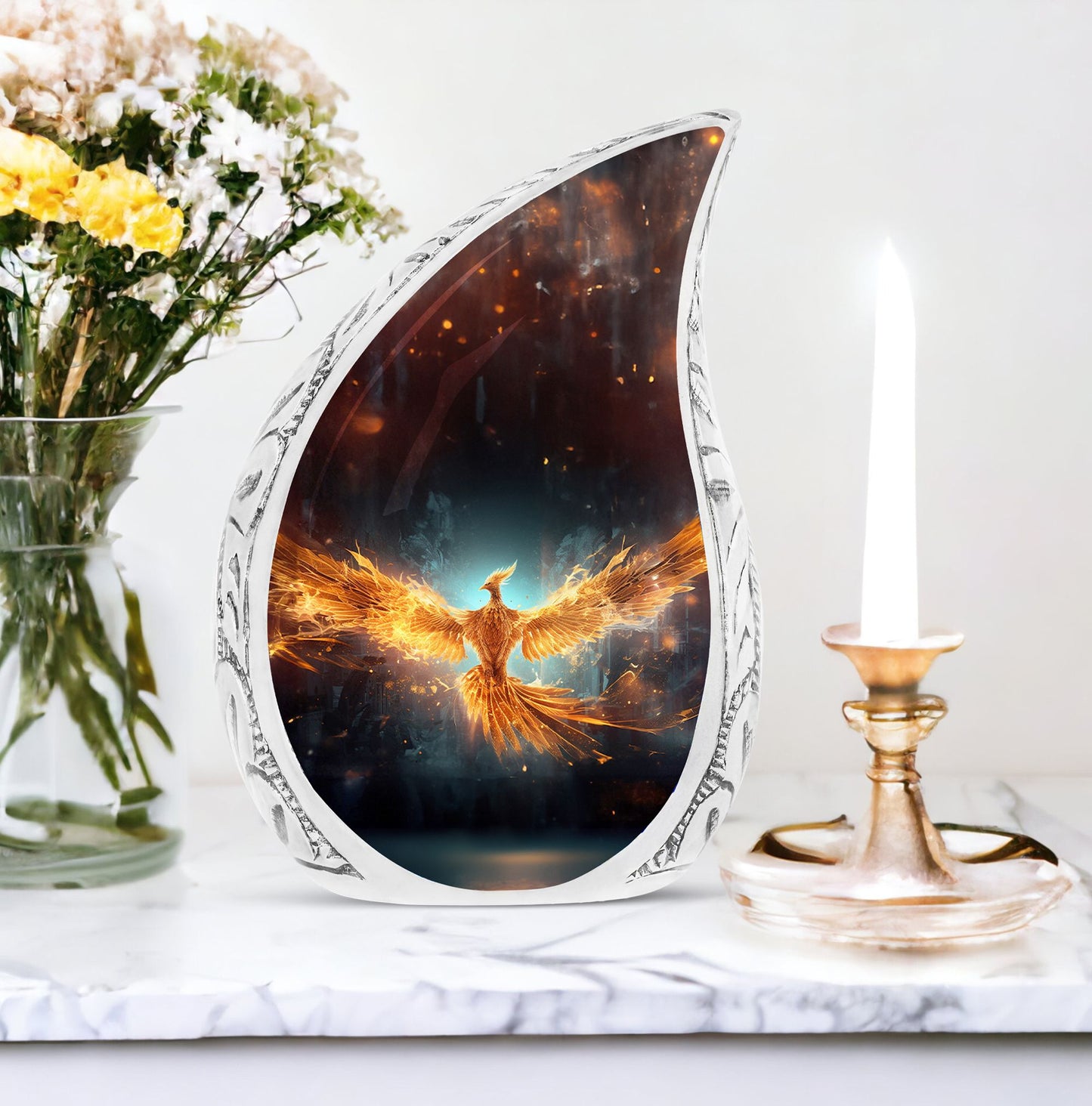 Large, decorative phoenix urn in vibrant yellow, with detailed wings spread amidst flames, ideal for ashes of adult women.