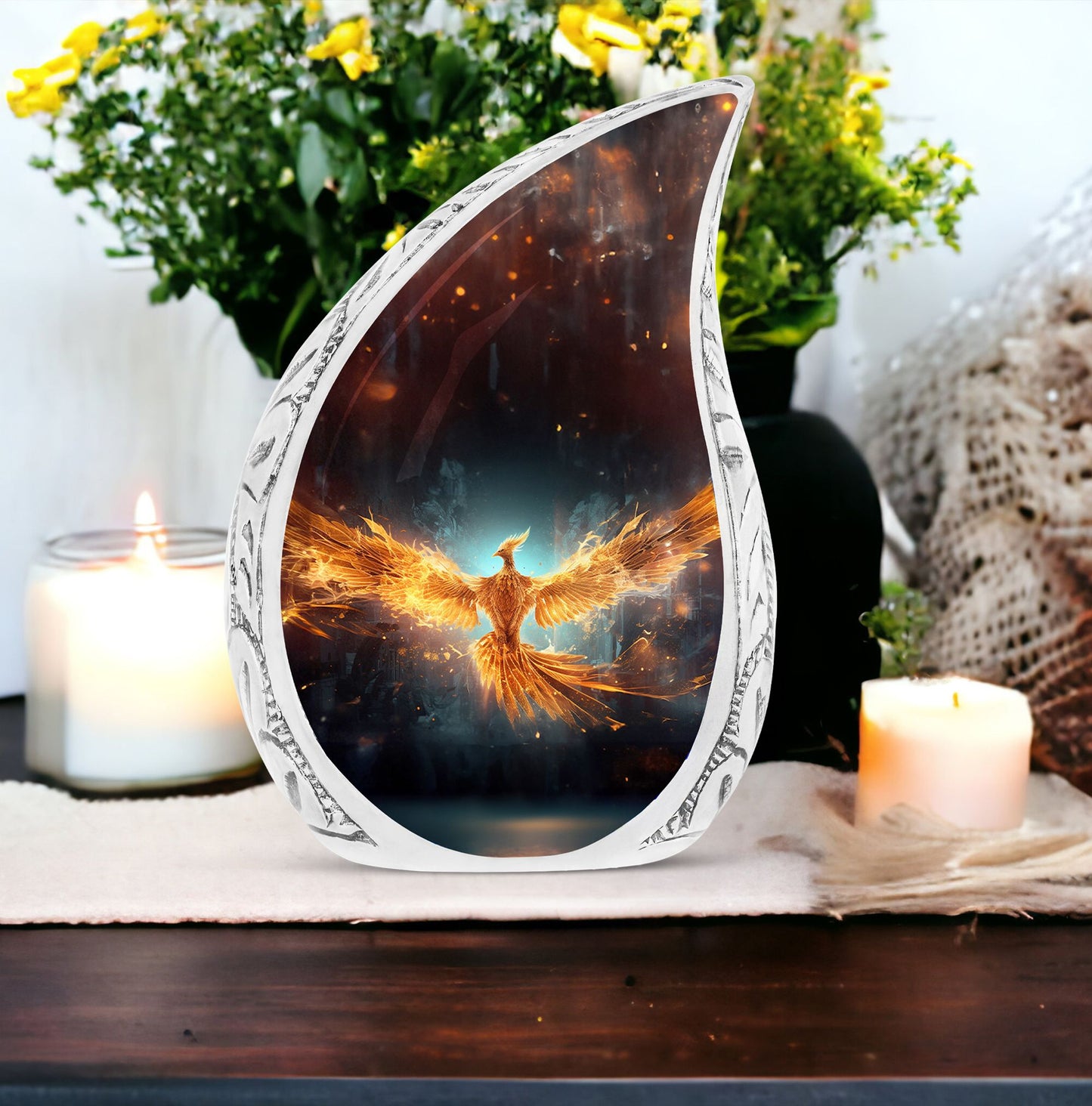 Large, decorative phoenix urn in vibrant yellow, with detailed wings spread amidst flames, ideal for ashes of adult women.